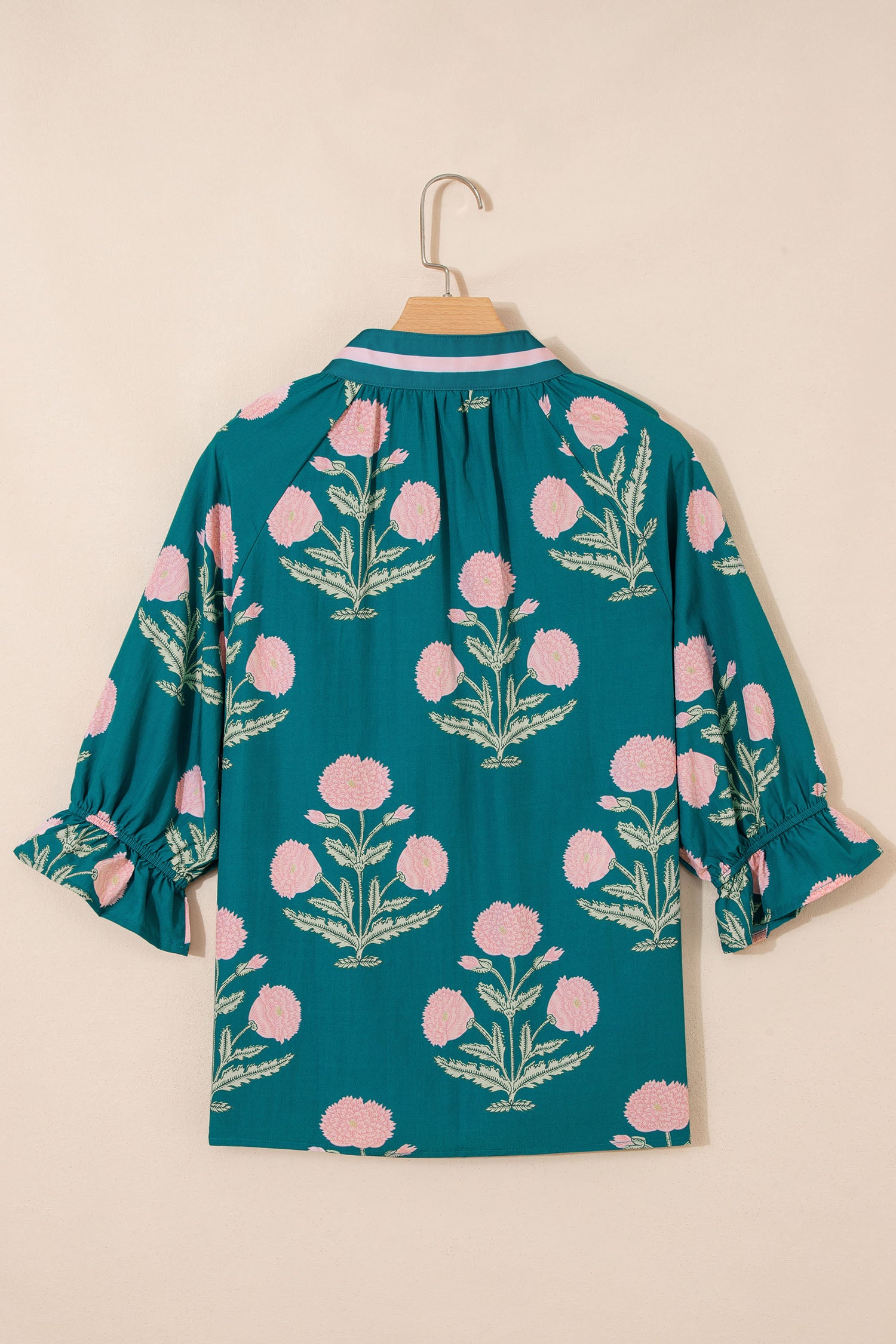 Sky Blue Casual Wild Flower Print V Neck 3/4 Sleeve Blouse-Tops/Blouses & Shirts-[Adult]-[Female]-2022 Online Blue Zone Planet