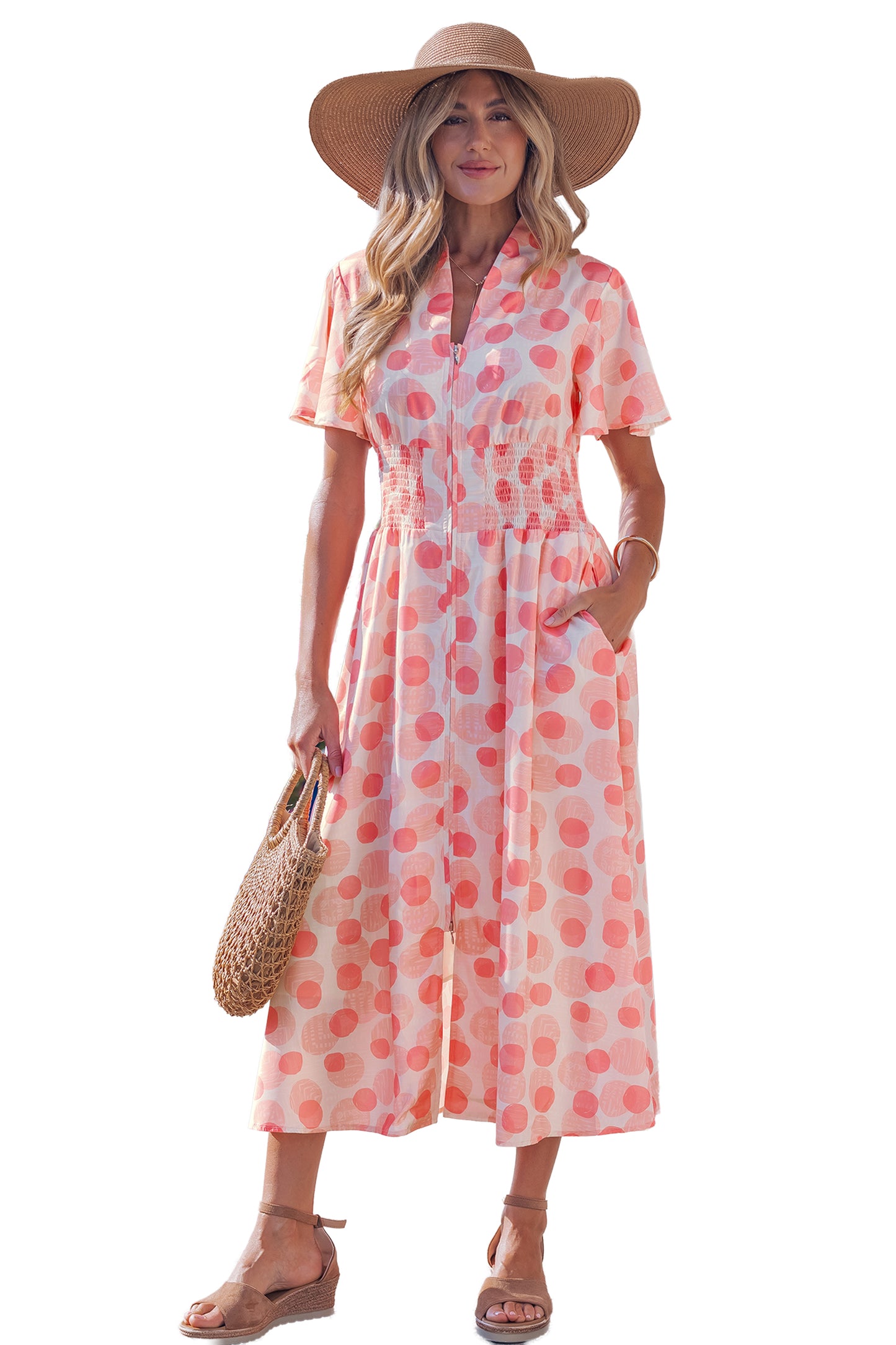Pink Polka Dot Printed Ruffle Short Sleeve Zip Up Long Dress-TOPS / DRESSES-[Adult]-[Female]-2022 Online Blue Zone Planet