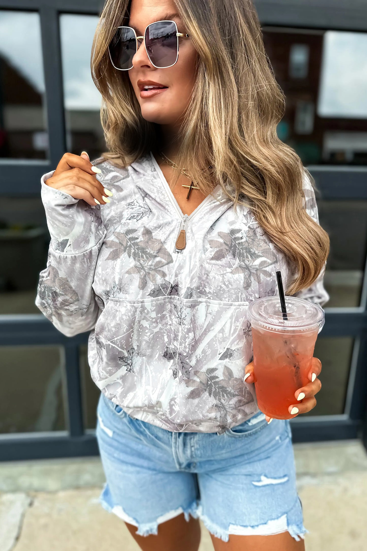 Gray Camo Leaf Print Kangaroo Pocket Quarter Zip Hoodie-Tops/Sweatshirts & Hoodies-[Adult]-[Female]-2022 Online Blue Zone Planet