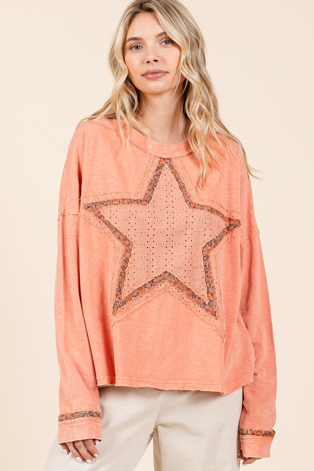 Mittoshop Mineral Wash Star Patch Long Sleeve T-Shirt-TOPS / DRESSES-[Adult]-[Female]-2022 Online Blue Zone Planet