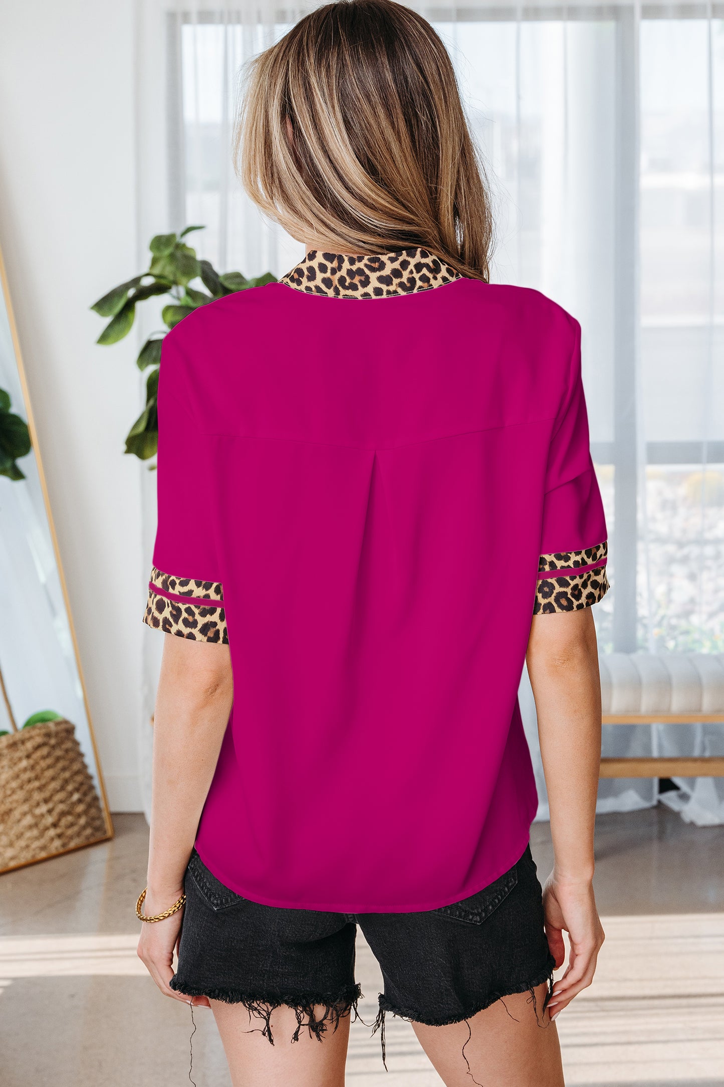 Violet Leopard Patchwork Trim Split Neck Short Sleeve Blouse-Tops/Blouses & Shirts-[Adult]-[Female]-2022 Online Blue Zone Planet