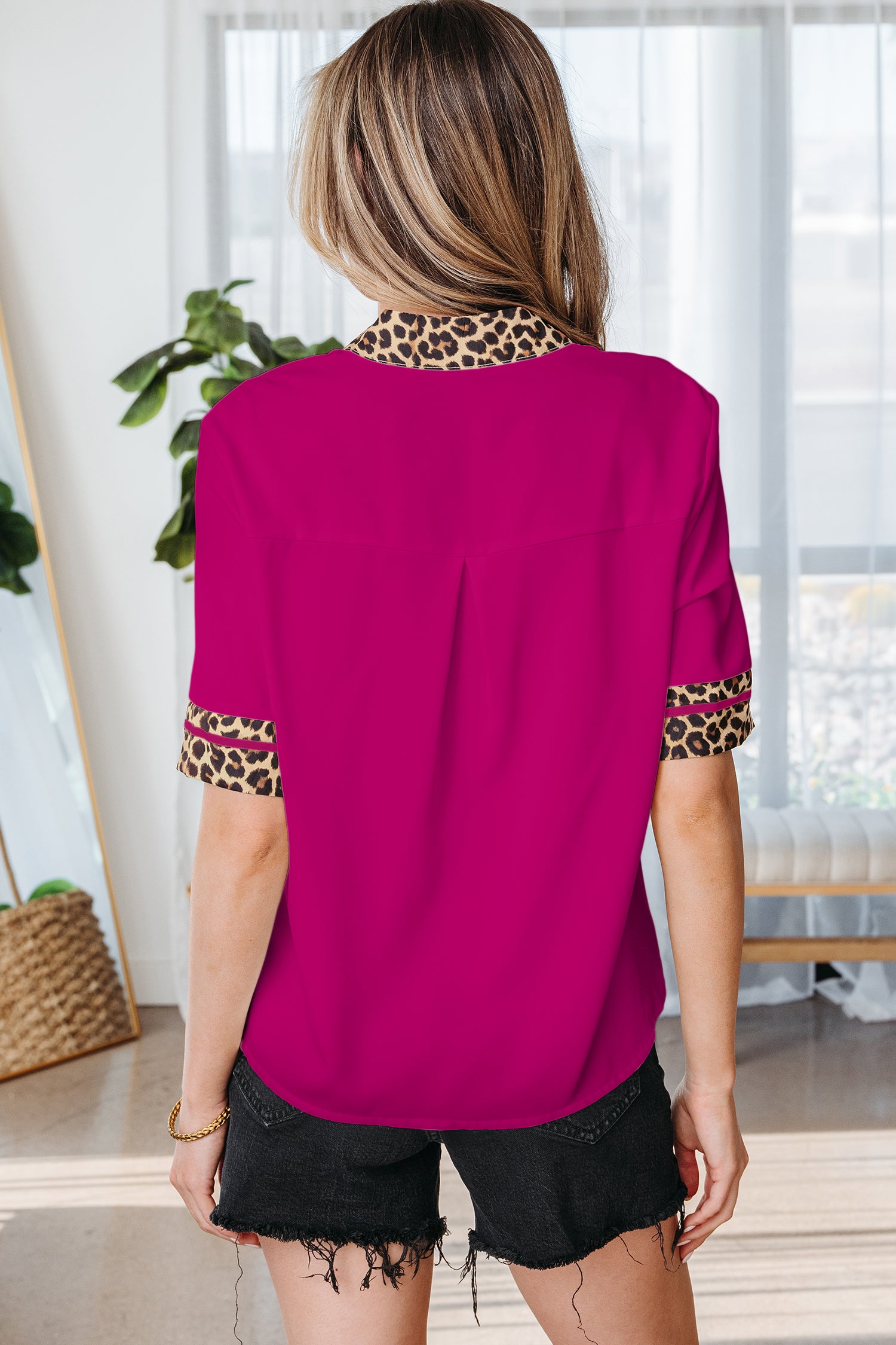 Violet Leopard Patchwork Trim Split Neck Short Sleeve Blouse-Tops/Blouses & Shirts-[Adult]-[Female]-2022 Online Blue Zone Planet