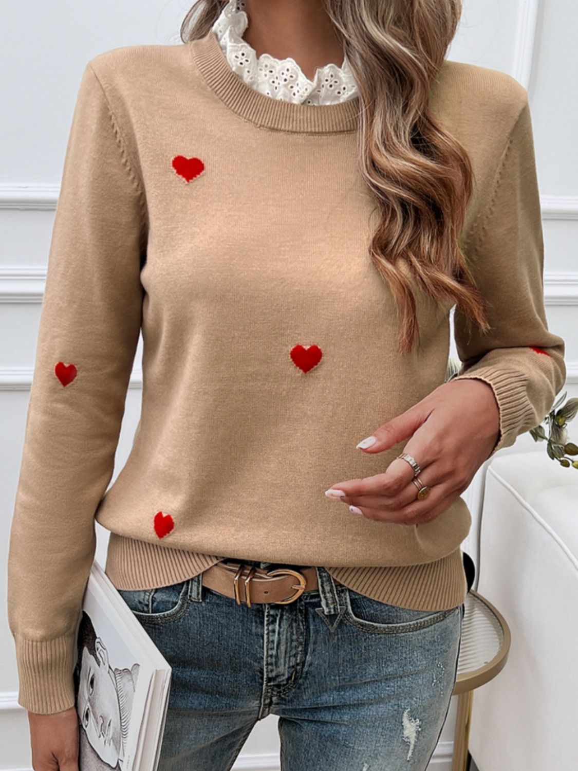 Lace Detail Heart Long Sleeve Sweater-TOPS / DRESSES-[Adult]-[Female]-Camel-S-2022 Online Blue Zone Planet