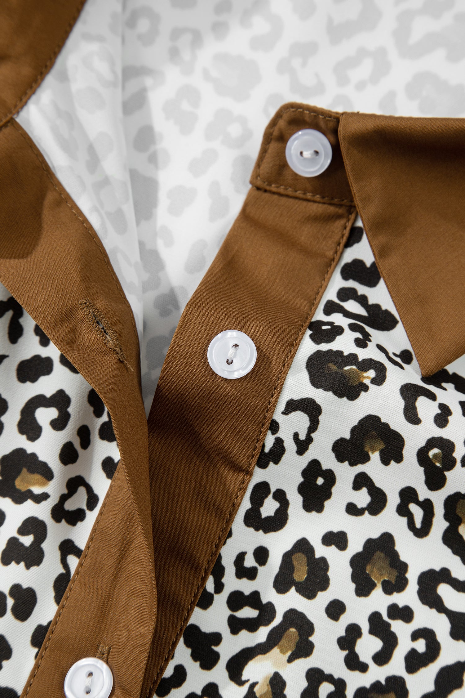 Khaki Plus Size Buttoned Contrast Trim Puff Sleeve Leopard Print Blouse-Plus Size/Plus Size Tops/Plus Size Blouses & Shirts-[Adult]-[Female]-2022 Online Blue Zone Planet