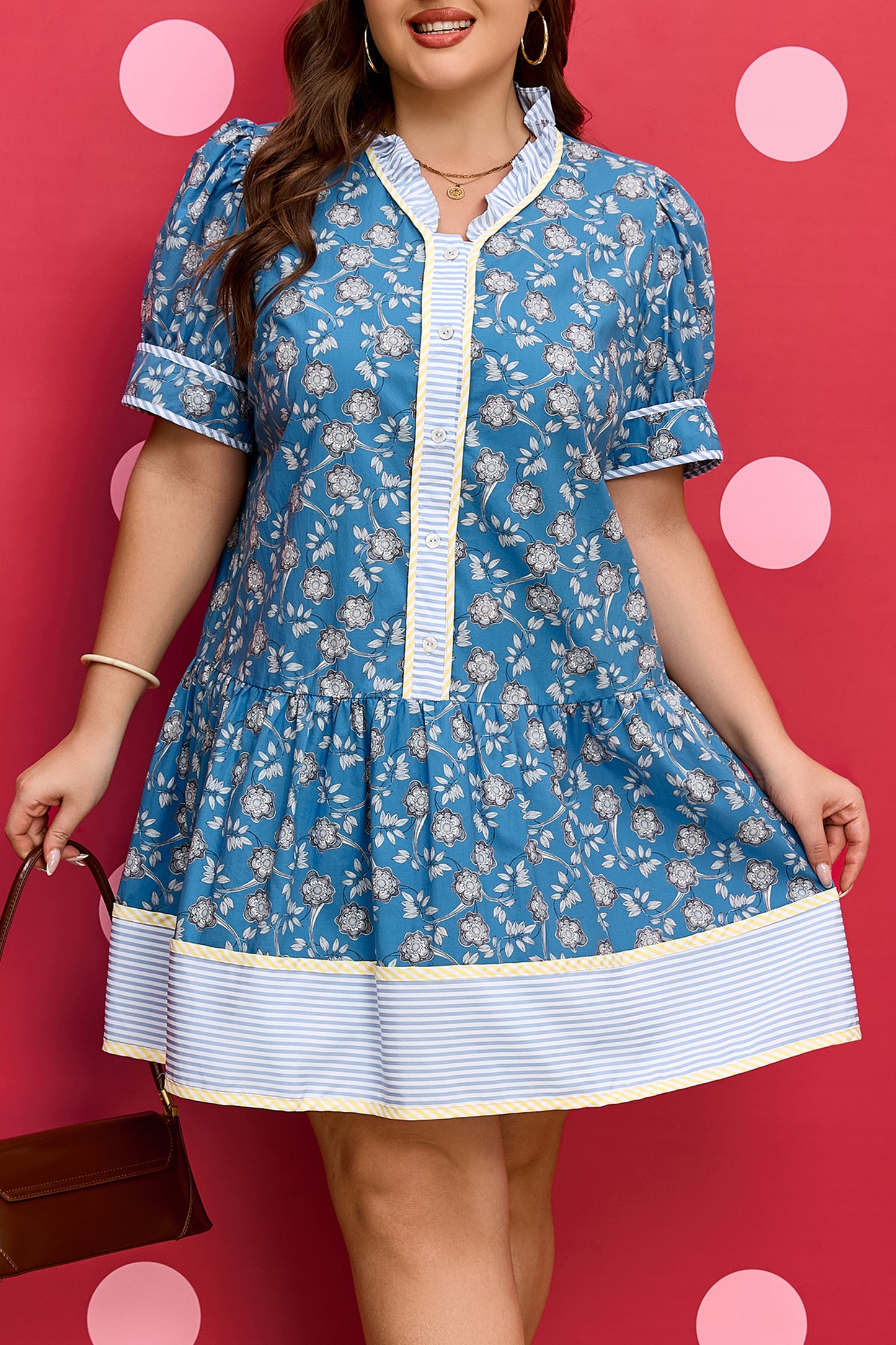 Blue Plus Size Floral Print Striped Patchwork Detail Button Front Ruffle Hem Dress-TOPS / DRESSES-[Adult]-[Female]-2022 Online Blue Zone Planet