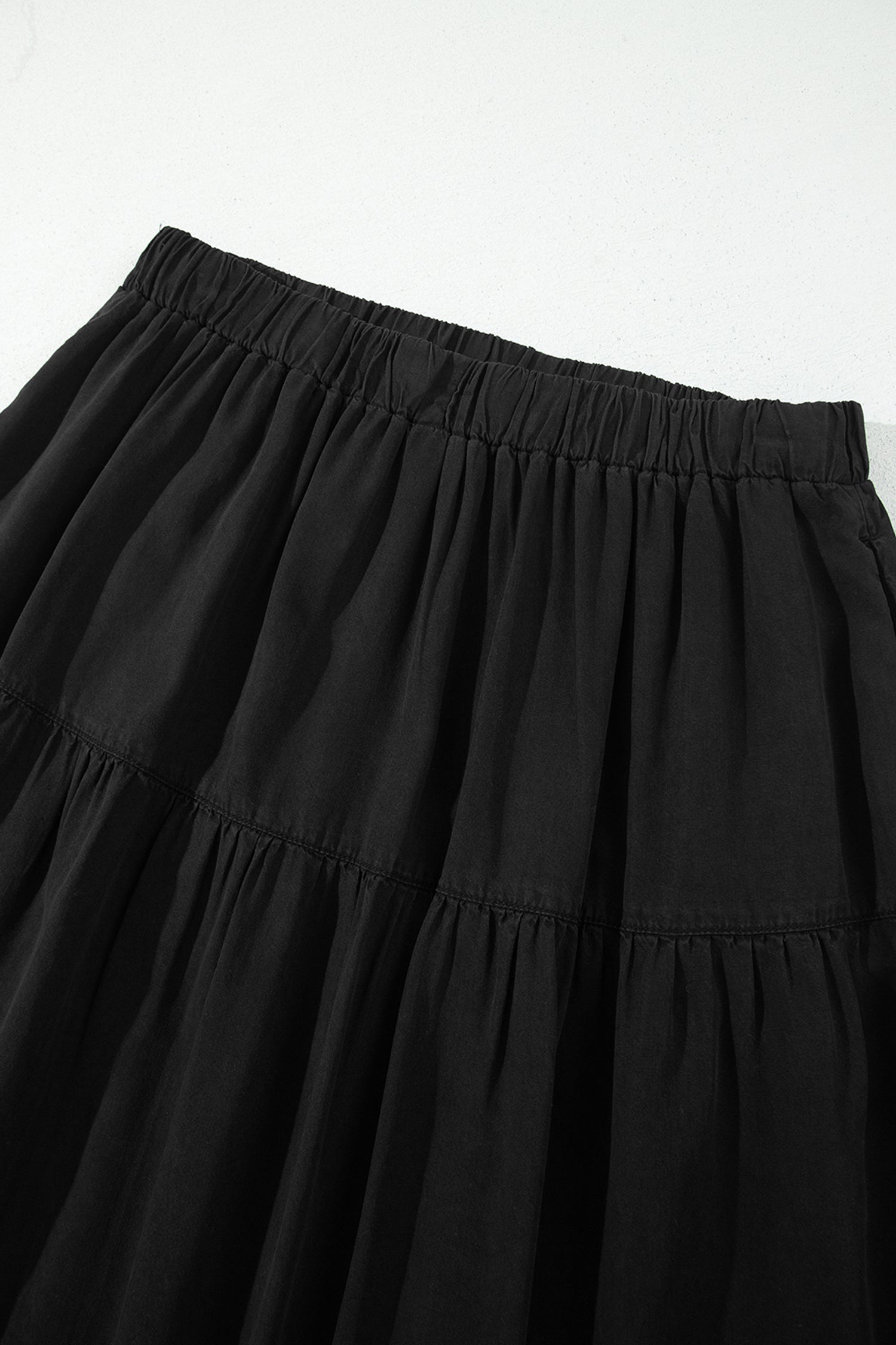 Black Elastic Waist Ruffled Tiered Flared Denim Maxi Skirt-Bottoms/Skirts & Petticoat-[Adult]-[Female]-2022 Online Blue Zone Planet
