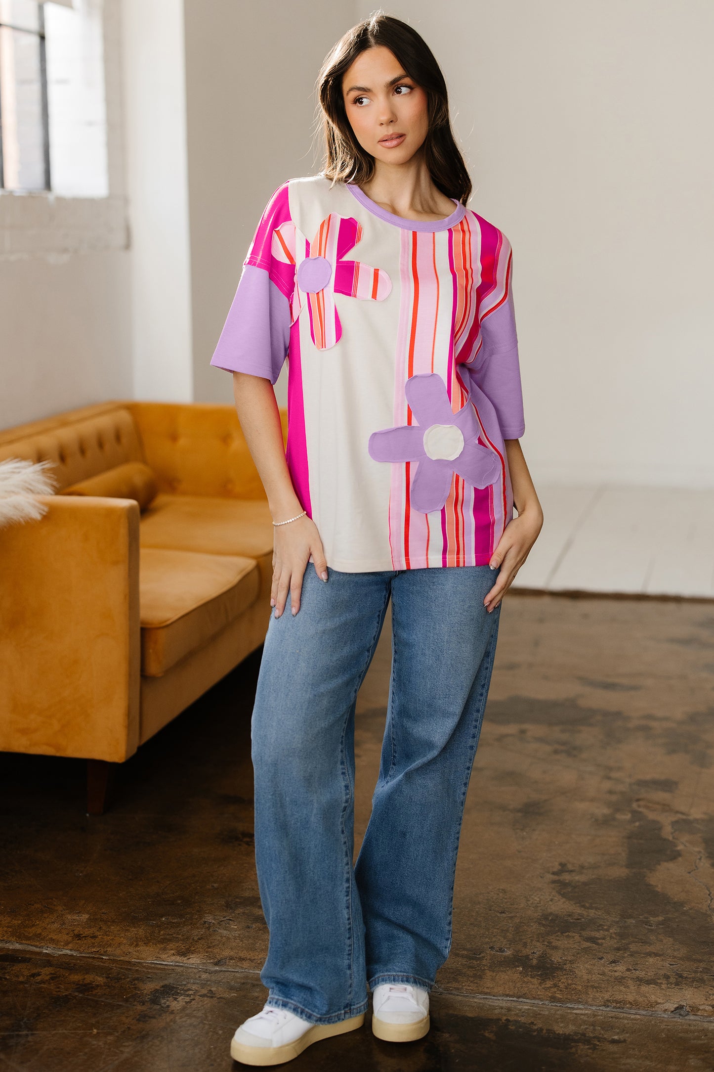 Pink Striped Color Block Flower Patched Half Sleeve Loose Top-Tops/Tops & Tees-[Adult]-[Female]-2022 Online Blue Zone Planet