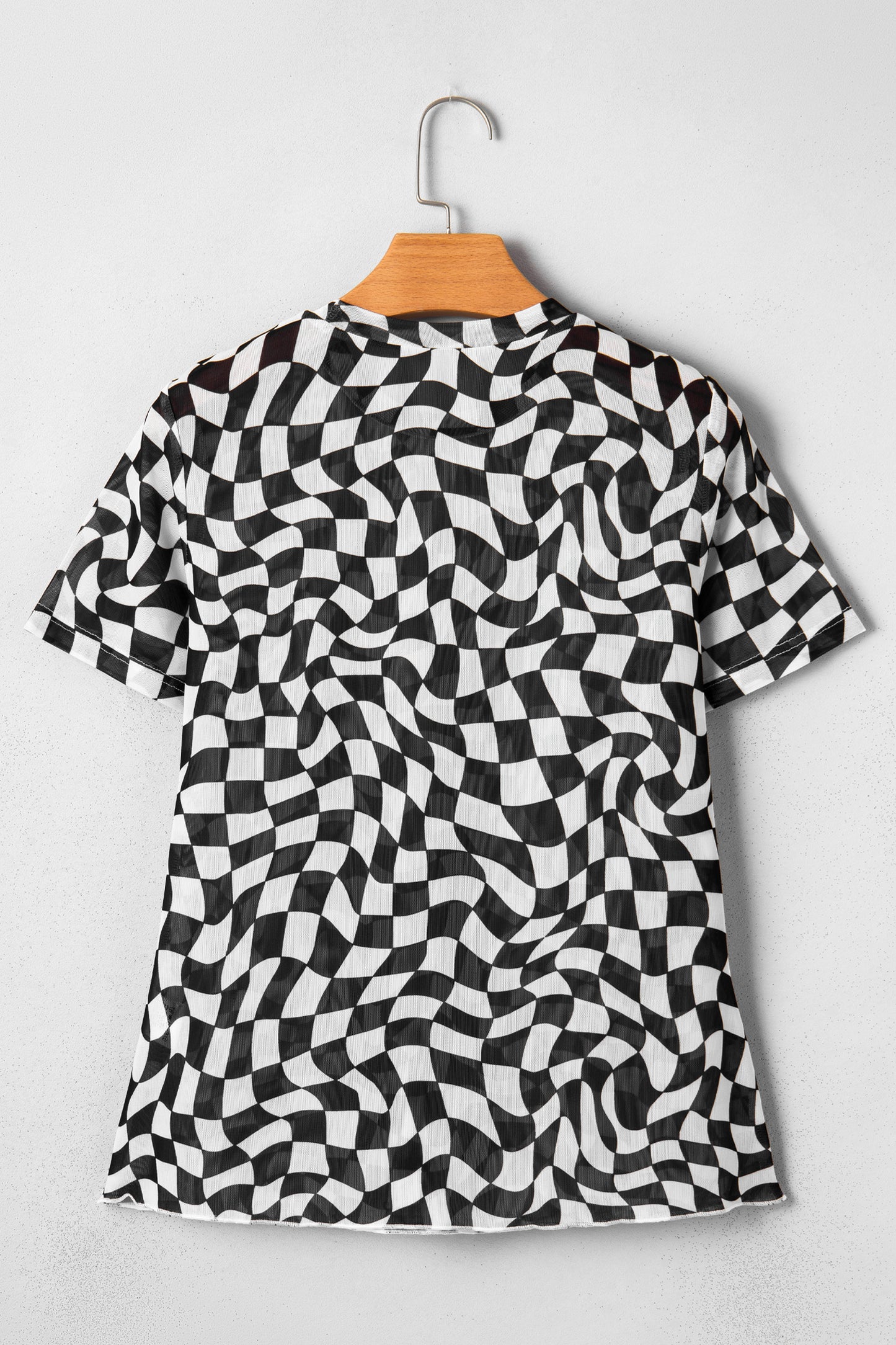 Black Checkered Print Mock Neck Mesh T Shirt-Tops/Tops & Tees-[Adult]-[Female]-2022 Online Blue Zone Planet