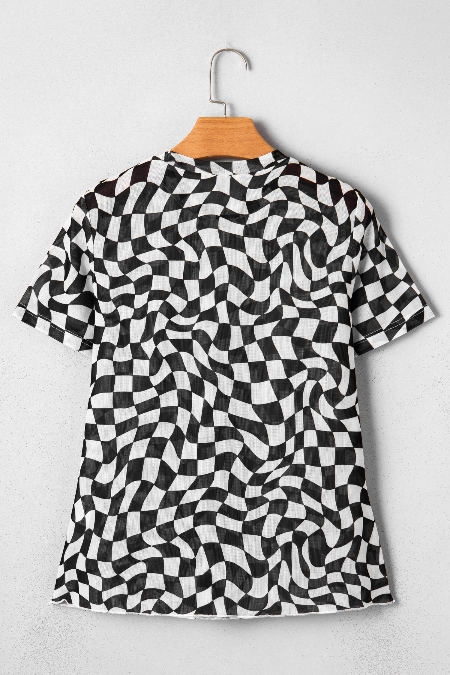 Black Checkered Print Mock Neck Mesh T Shirt-Tops/Tops & Tees-[Adult]-[Female]-2022 Online Blue Zone Planet