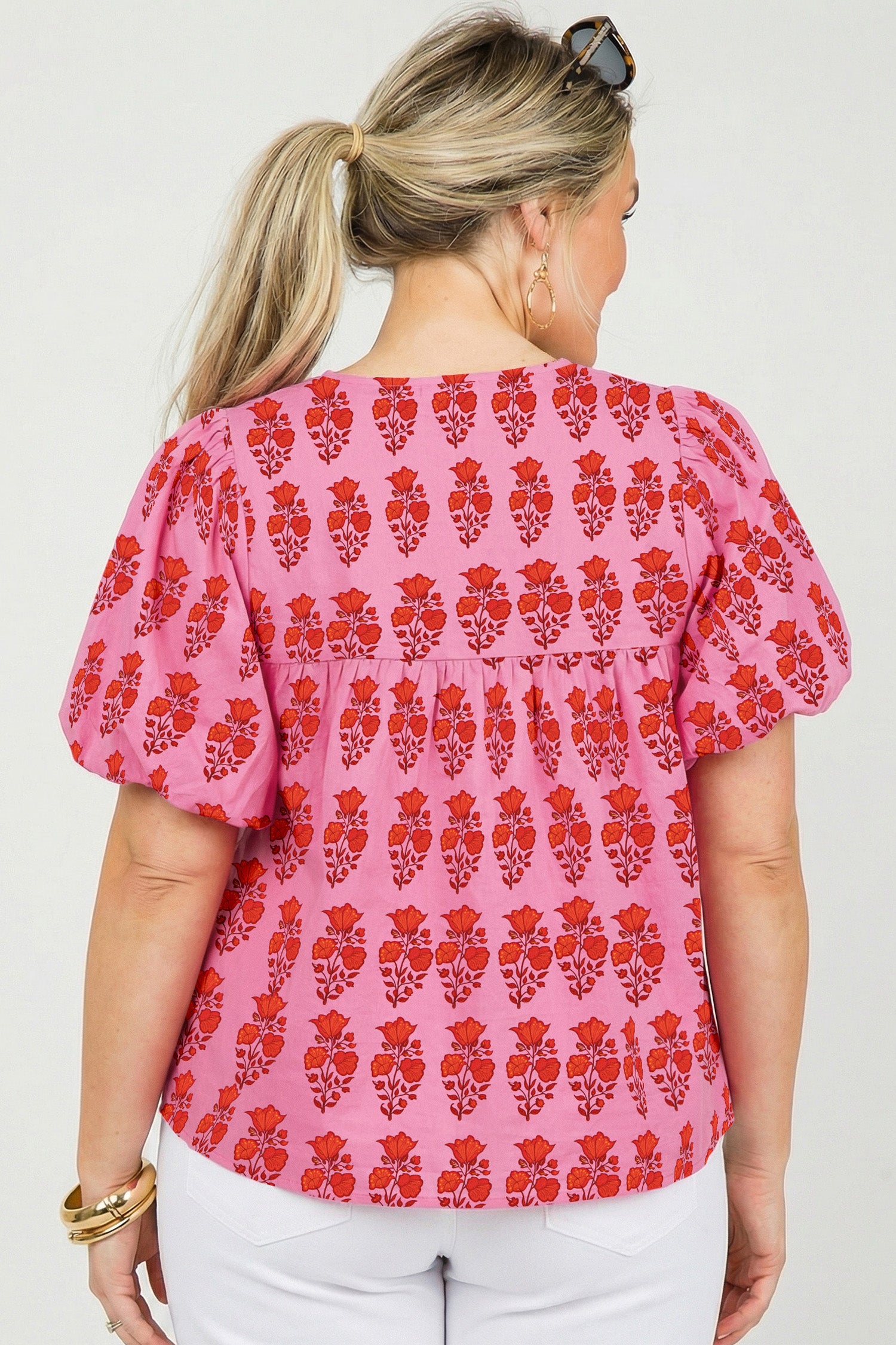 Pink Plus Size Floral Print Tassel Tie Puff Sleeve Cotton Blouse-Plus Size/Plus Size Tops/Plus Size Blouses & Shirts-[Adult]-[Female]-2022 Online Blue Zone Planet