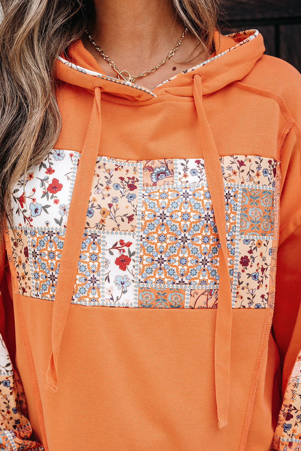 Flamingo Mix Floral Patchwork Side Slit Drawstring Hoodie-Tops / Dresses-[Adult]-[Female]-2022 Online Blue Zone Planet