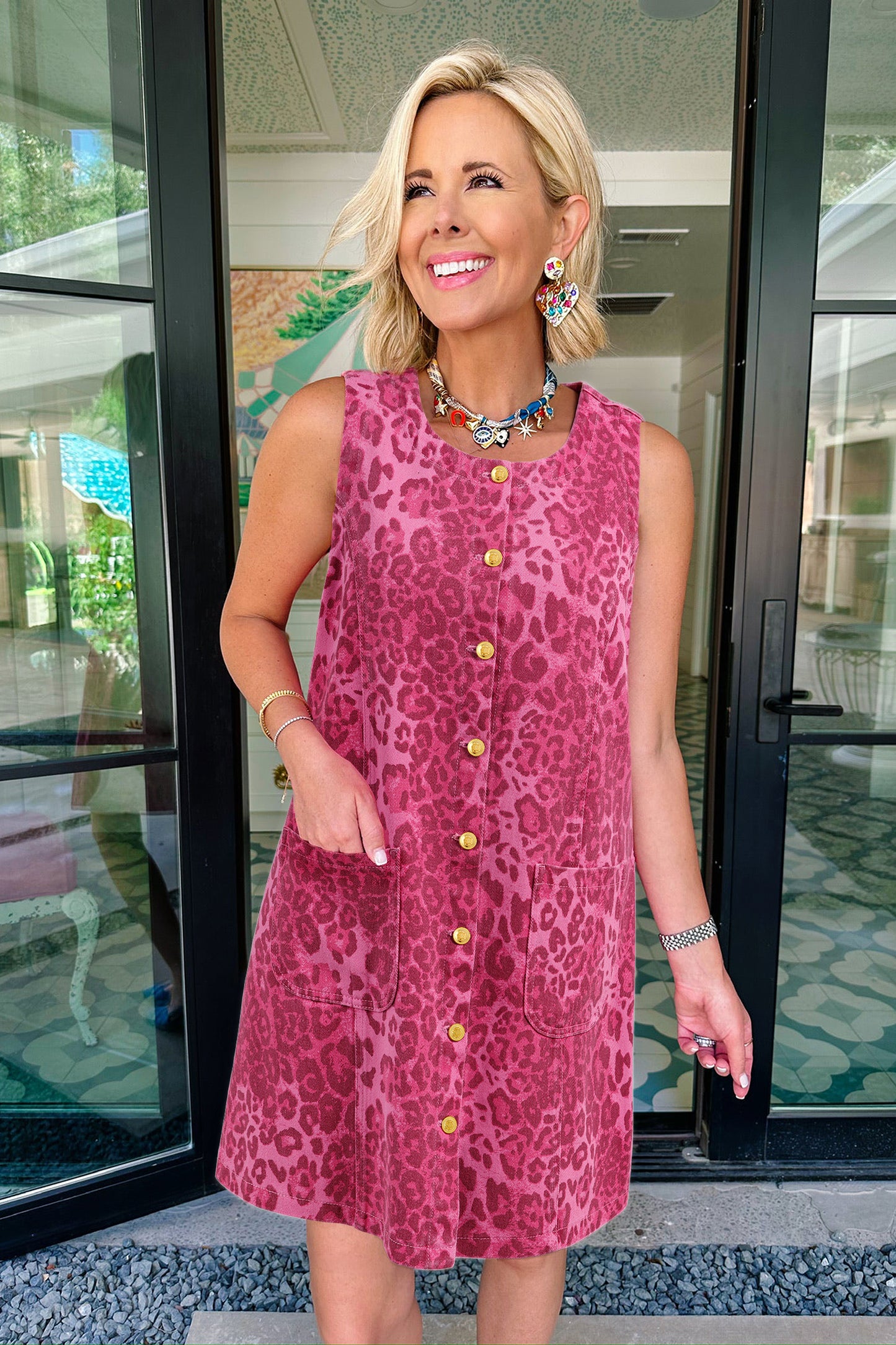 Pink Leopard Denim Buttoned Shift Sleeveless Dress-Dresses/Mini Dresses-[Adult]-[Female]-2022 Online Blue Zone Planet