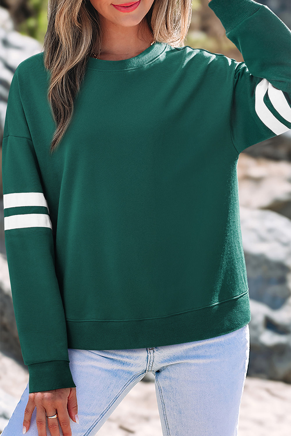 Evergreen Varsity Striped Detail Drop Shoulder Oversized Sweatshirt-Tops/Sweatshirts & Hoodies-[Adult]-[Female]-2022 Online Blue Zone Planet