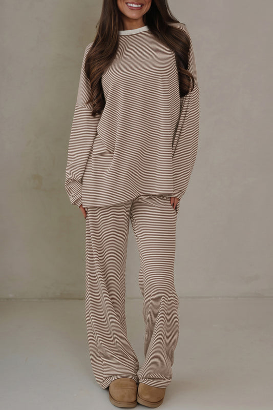 Beige Stripe Contrast Trim Round Neck Oversize Long Sleeve Top 2pcs Pant Set-Two Piece Sets/Pant Sets-[Adult]-[Female]-Beige Stripe-S-2022 Online Blue Zone Planet