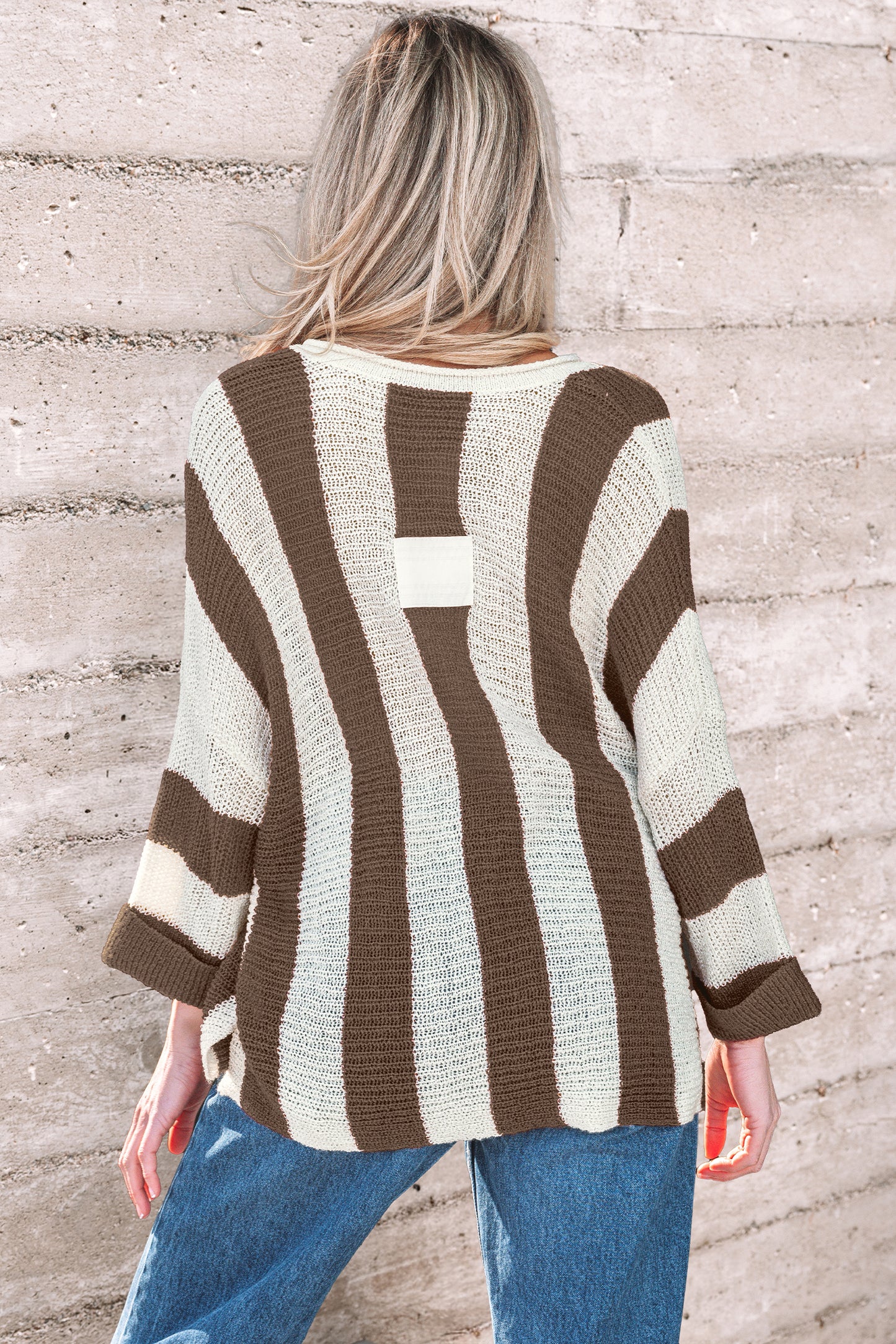 Brown Stripe Colorblock V Neck Bracelet Sleeve Sweater-Bracelet-[Adult]-[Female]-2022 Online Blue Zone Planet