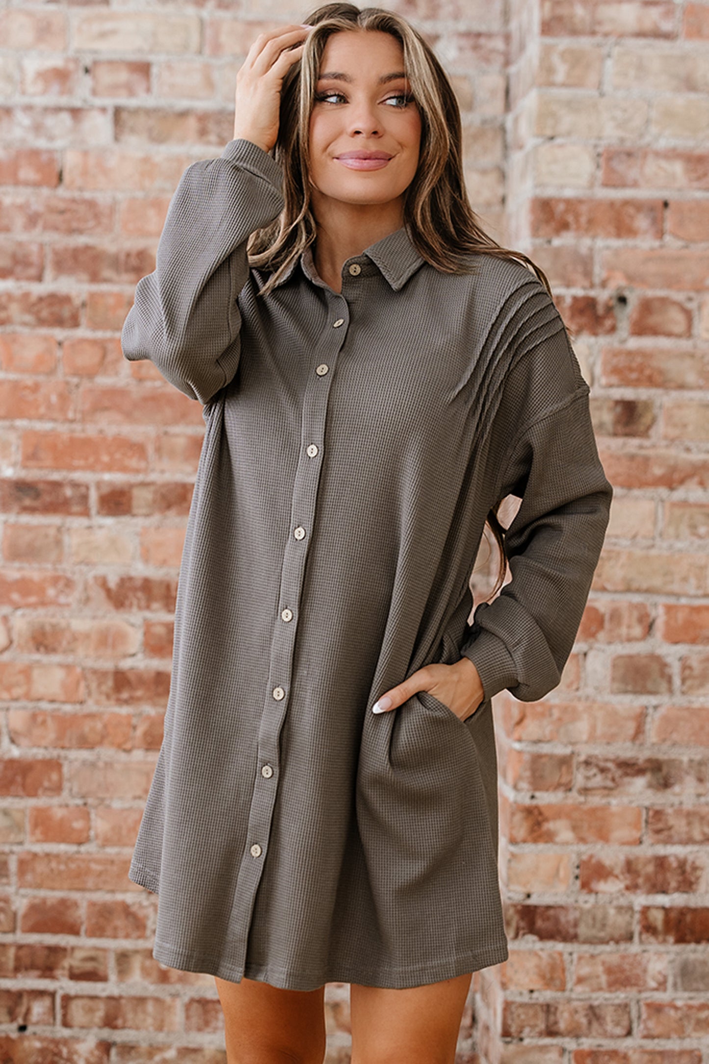 Waffle Knit Button Front Band Collar Mini Dress - Sunny Angela Simply Taupe / M Waffle Knit Button Front Band Collar Mini Dress - Sunny Angela Simply Taupe / M