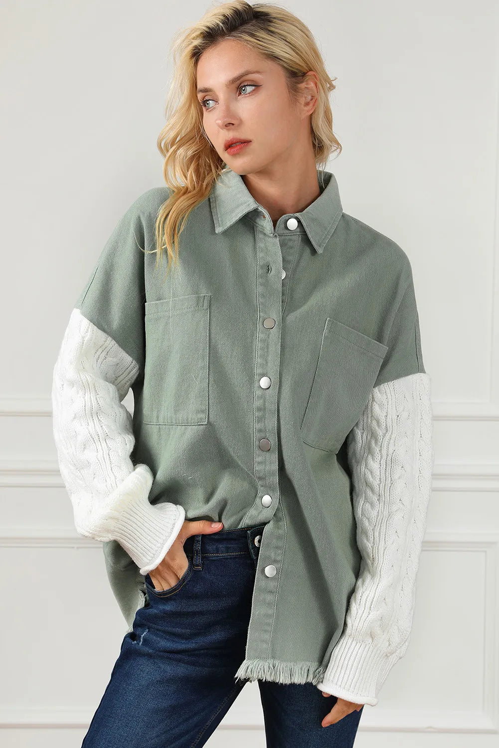 Raw Hem Collared Neck Button Up Long Sleeve Jacket-TOPS / DRESSES-[Adult]-[Female]-2022 Online Blue Zone Planet