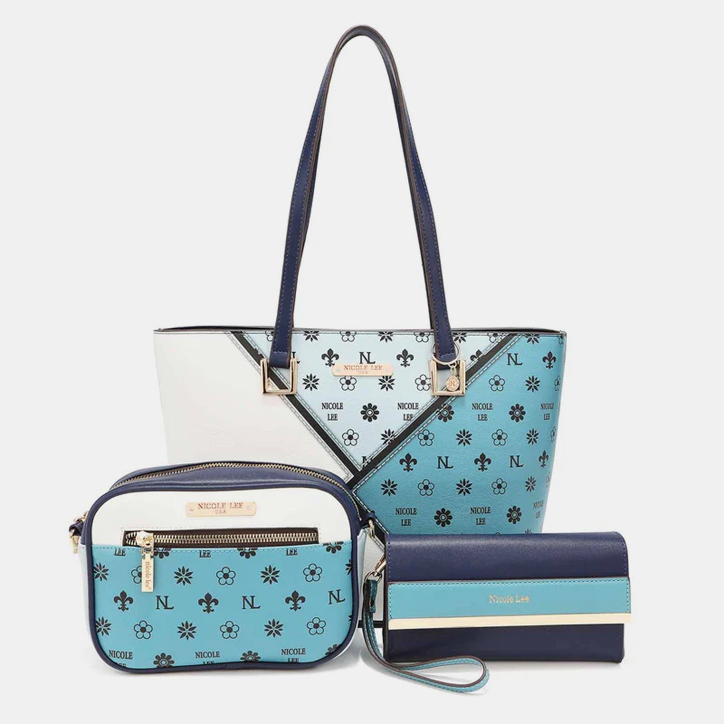 Nicole Lee USA 3-Piece Color Block Handbag Set-HANDBAGS-[Adult]-[Female]-BLUE-One Size-2022 Online Blue Zone Planet