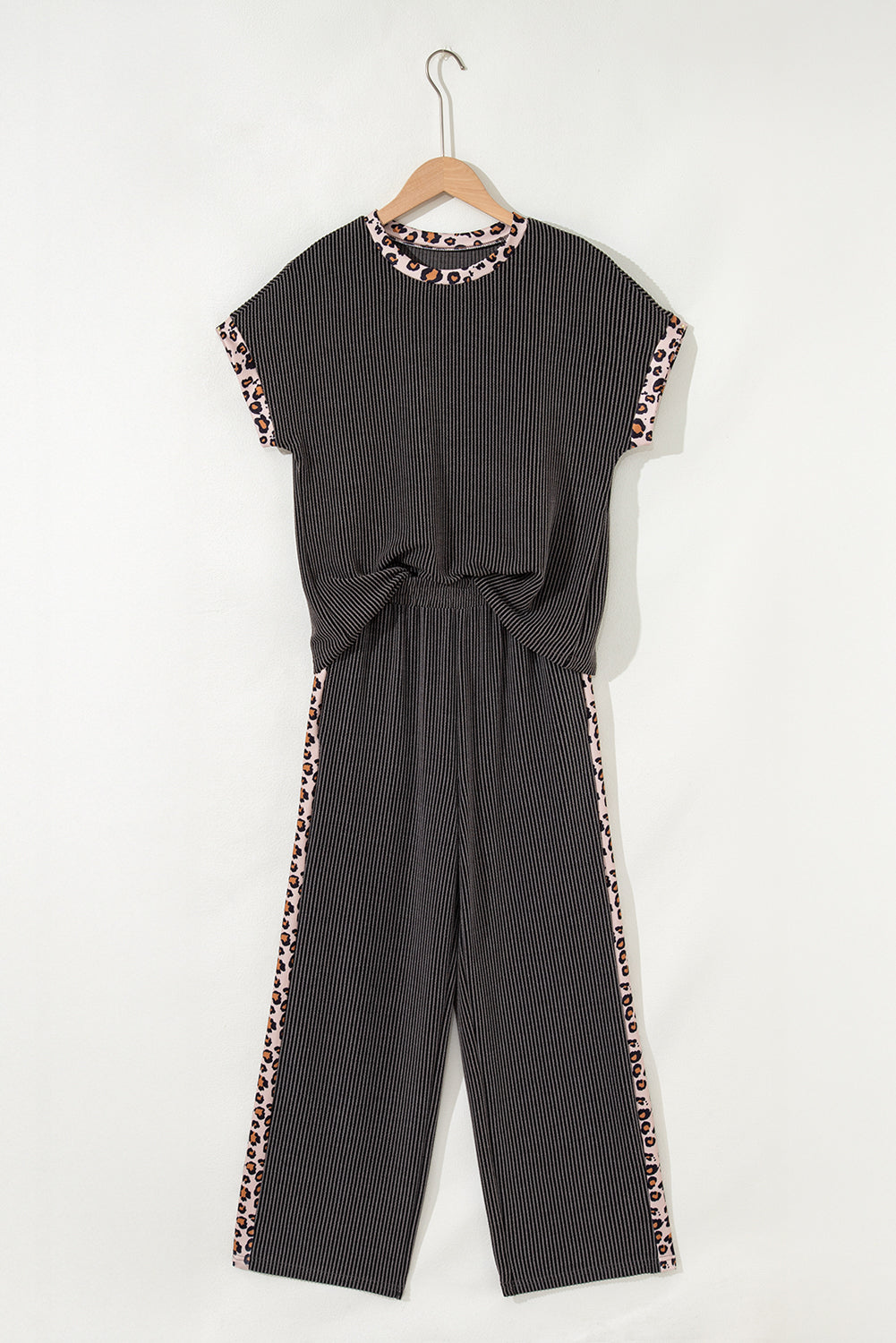 Carbon Grey Leopard Patchwork Edge Twisted Rib T Shirt and Cropped Pants Set-Two Piece Sets/Pant Sets-[Adult]-[Female]-2022 Online Blue Zone Planet