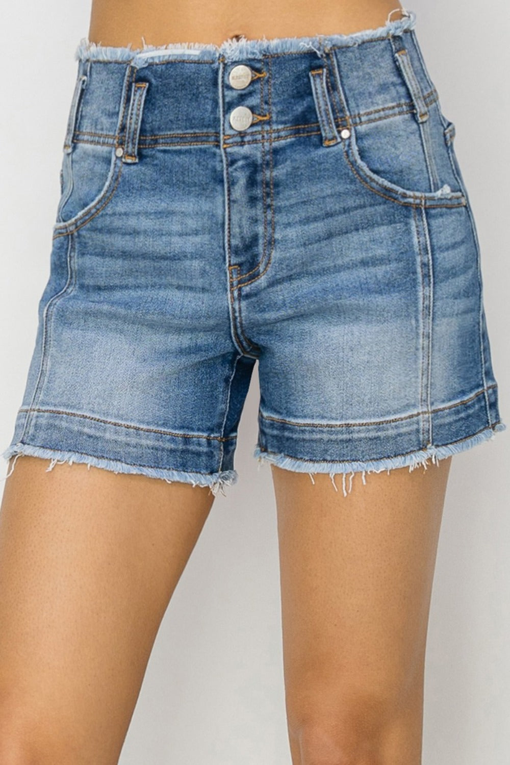 RISEN High Rise Seam Detailed Raw Edge Denim Shorts-BOTTOMS SIZES SMALL MEDIUM LARGE-[Adult]-[Female]-Medium-S-2022 Online Blue Zone Planet