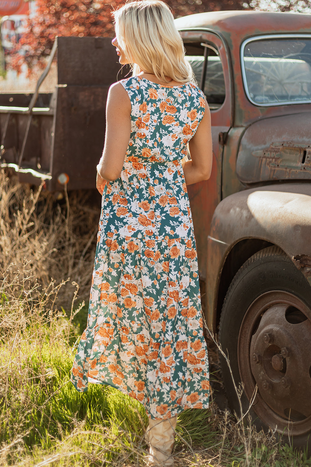 Green Floral Print Trimmed V Neck Tie Waist Sleeveless Holiday Long Dress-TOPS / DRESSES-[Adult]-[Female]-2022 Online Blue Zone Planet
