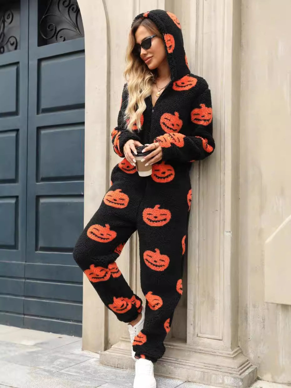 Fuzzy Pumpkin Half Zip Hooded Jumpsuit-TOPS / DRESSES-[Adult]-[Female]-2022 Online Blue Zone Planet