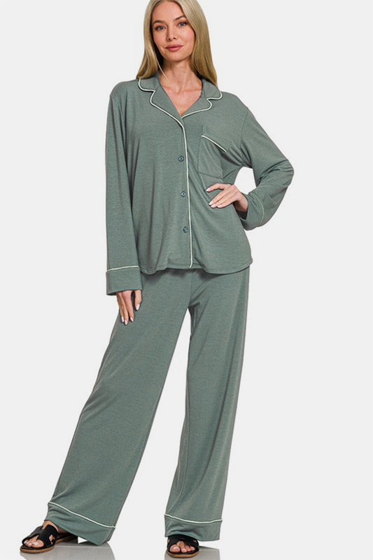 Blue Zone Planet | Zenana Button Down Long Sleeve Top and Pants Lounge Set-TOPS / DRESSES-[Adult]-[Female]-Sage-S-2022 Online Blue Zone Planet