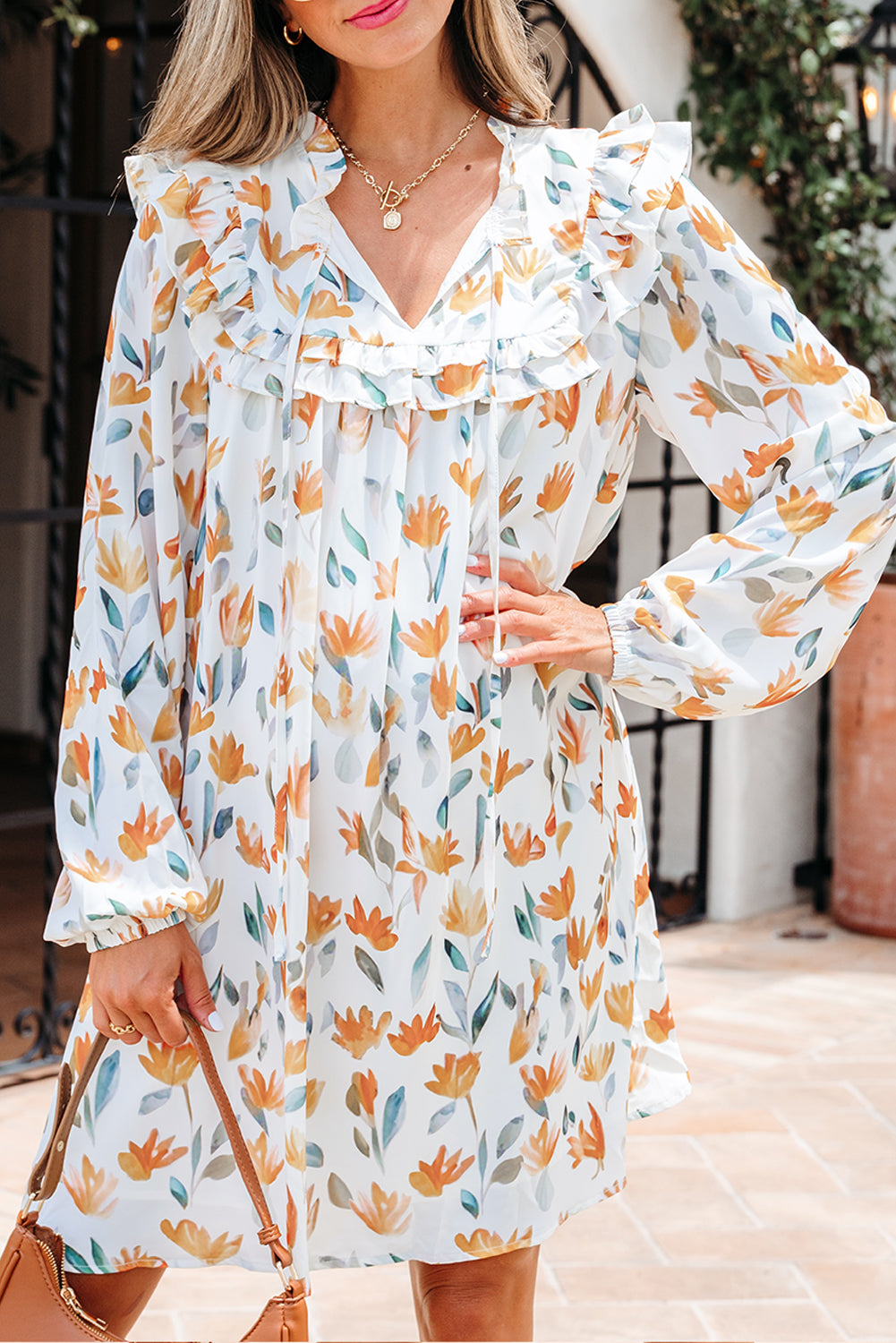 Yellow Floral Print Tie Neck Frilled Detail Long Sleeve Mini Dress-TOPS / DRESSES-[Adult]-[Female]-2022 Online Blue Zone Planet