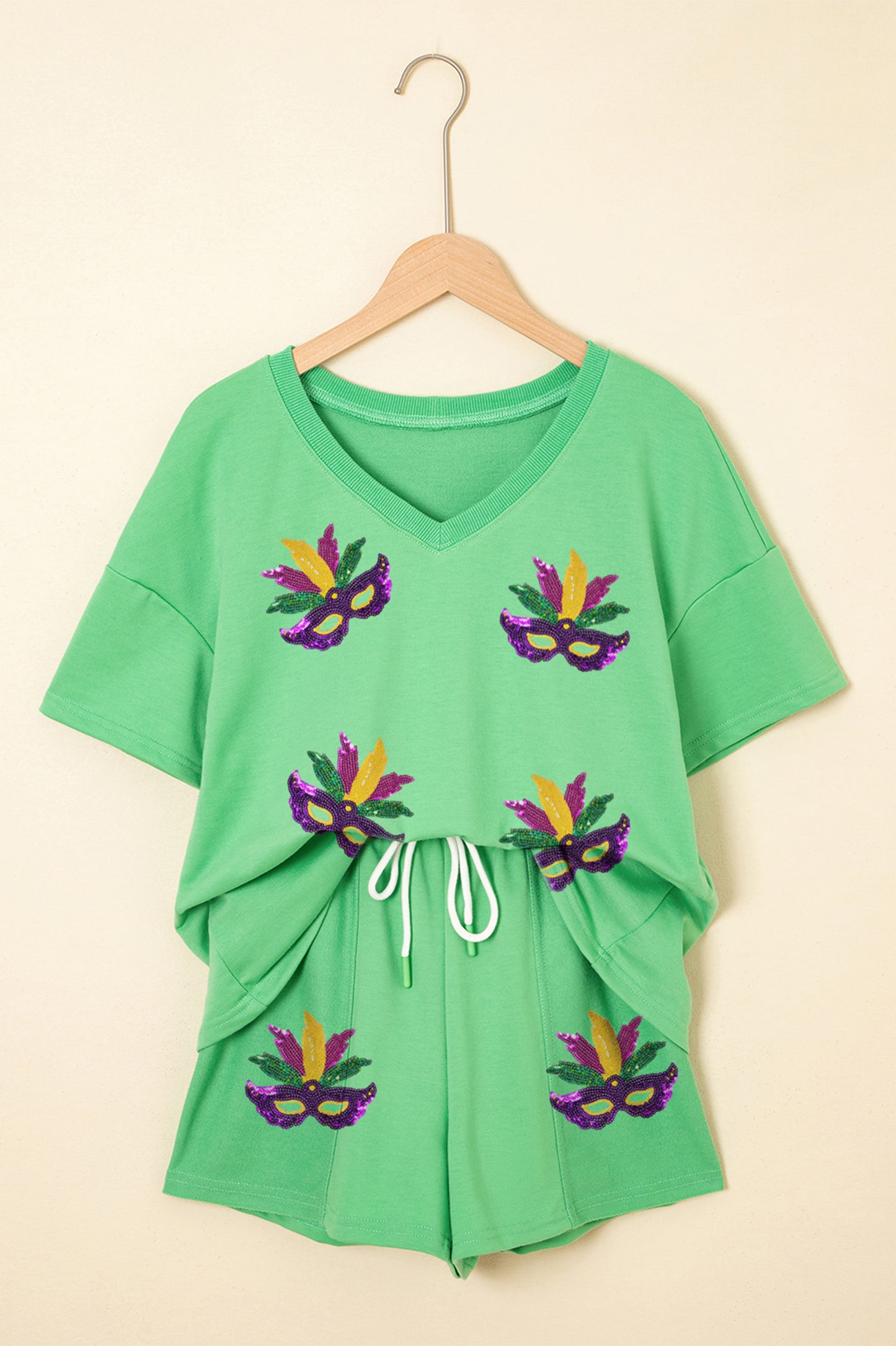 Mint Green Sequin Mardi Gras Mask V Neck Tee Drawstring Shorts 2pcs Outfit-Graphic Apparel-[Adult]-[Female]-2022 Online Blue Zone Planet