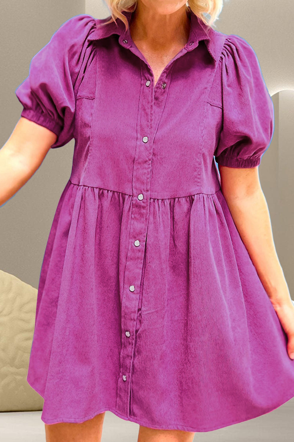 Snap Down Short Sleeve Mini Dress-TOPS / DRESSES-[Adult]-[Female]-Vivid Violet-S-2022 Online Blue Zone Planet