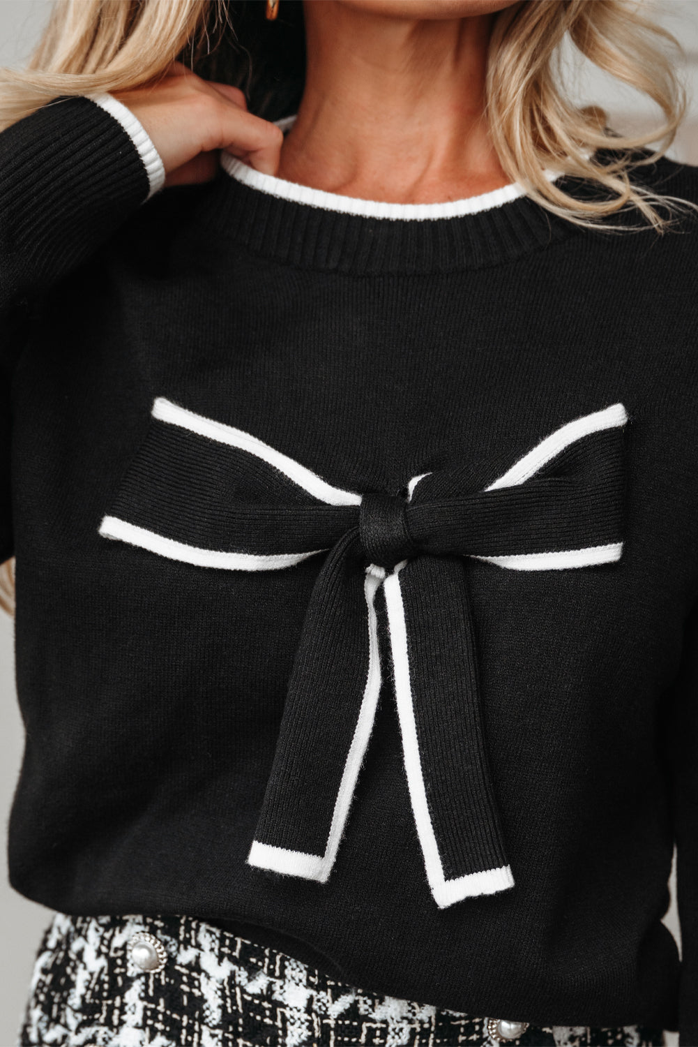 Black Contrast Trim Big Bow Accent Holiday Cropped Sweater-TOPS / DRESSES-[Adult]-[Female]-2022 Online Blue Zone Planet