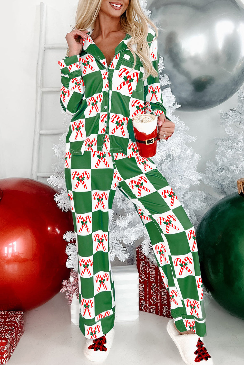 Green Holly Jolly Checkered Pattern 2pcs Long Pajama Set-Loungewear & Sleepwear/Sleepwear-[Adult]-[Female]-Green-S-2022 Online Blue Zone Planet