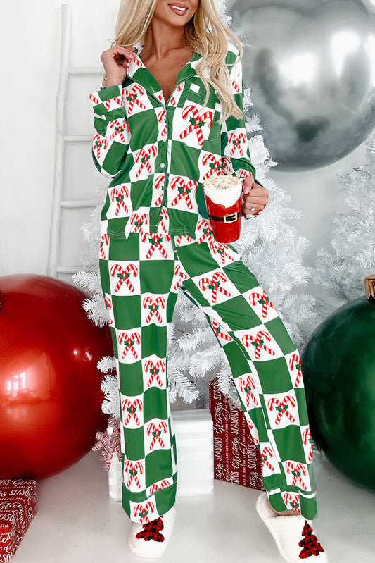 Green Holly Jolly Checkered Pattern 2pcs Long Pajama Set-Loungewear & Sleepwear/Sleepwear-[Adult]-[Female]-Green-S-2022 Online Blue Zone Planet