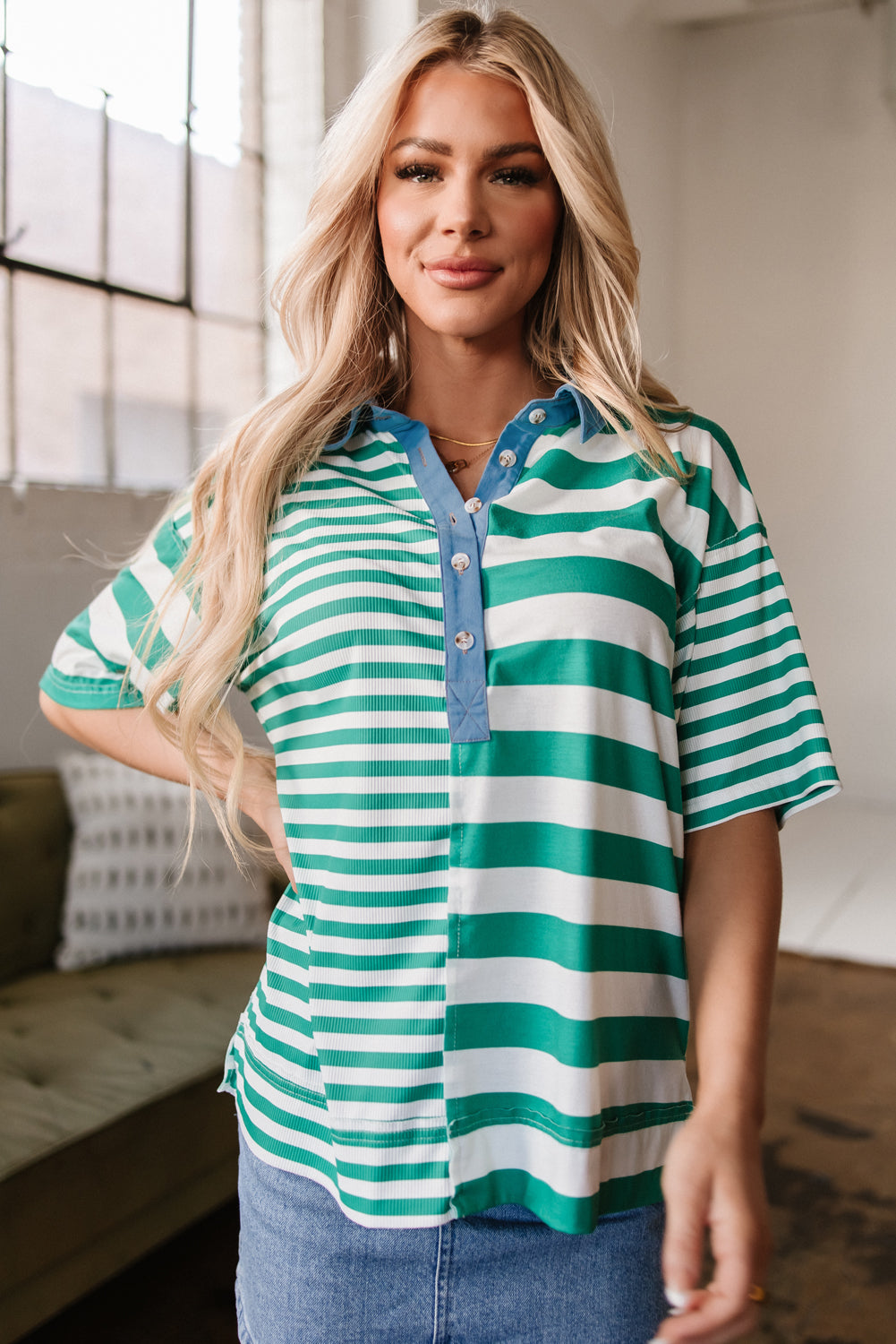 Green Stripe Colorblock Collar Half Buttons T Shirt-Tops/Tops & Tees-[Adult]-[Female]-Green Stripe-S-2022 Online Blue Zone Planet