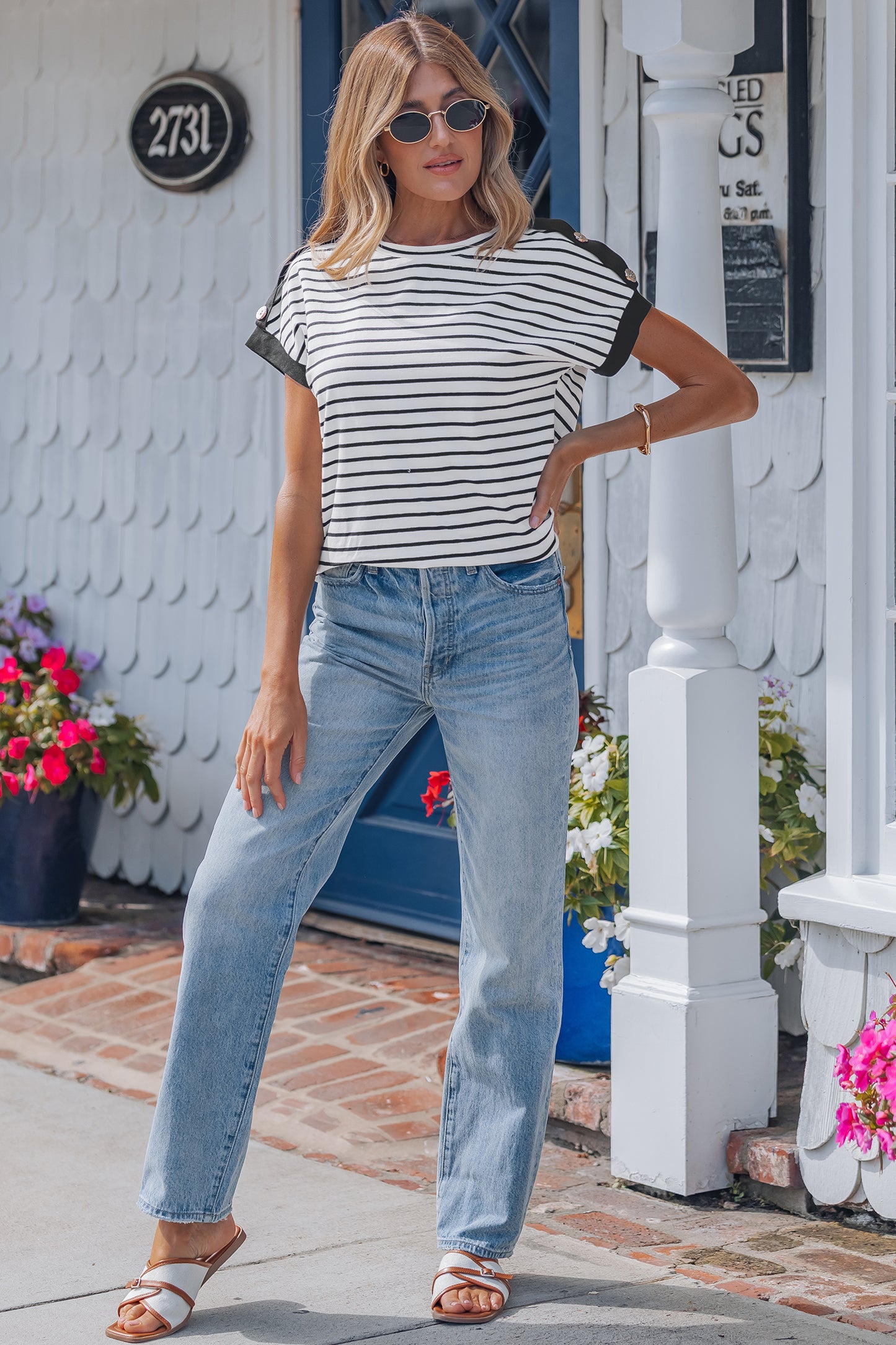 Black Stripe Cuffed Sleeve Button Detail Loose Tee-Tops/Tops & Tees-[Adult]-[Female]-2022 Online Blue Zone Planet