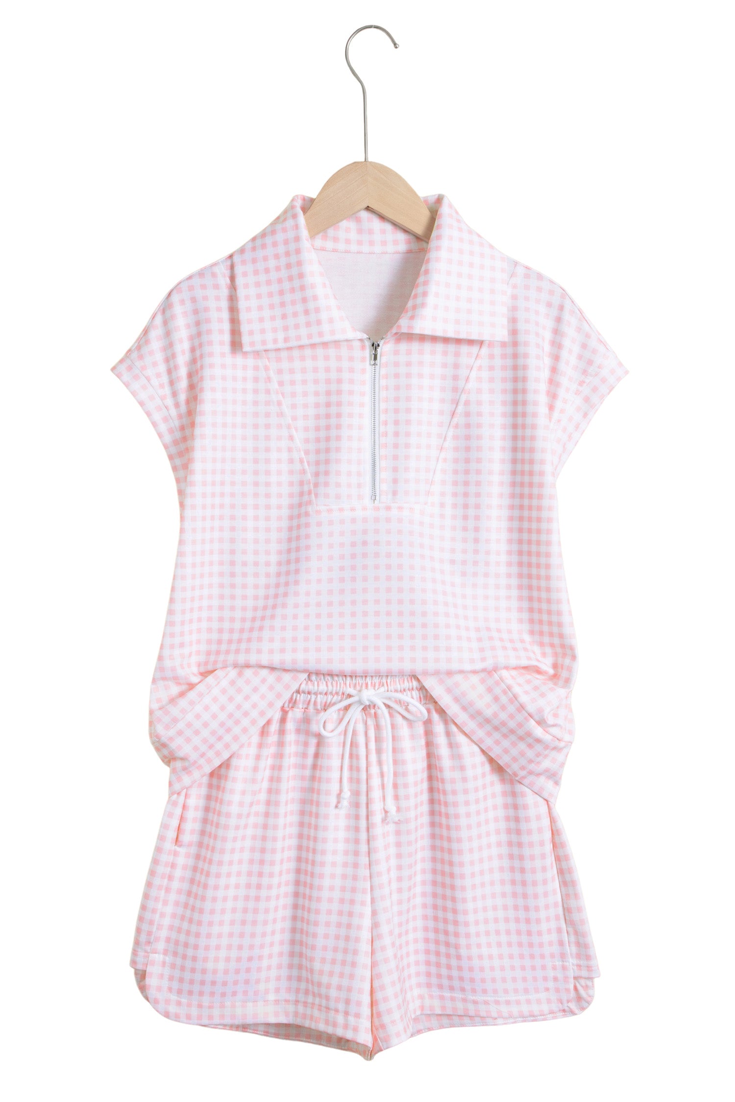 Pink Plaid Zip Neck Sleeveless Top Elastic Waist Shorts Casual Two Piece Short Set-Two Piece Sets/Short Sets-[Adult]-[Female]-2022 Online Blue Zone Planet
