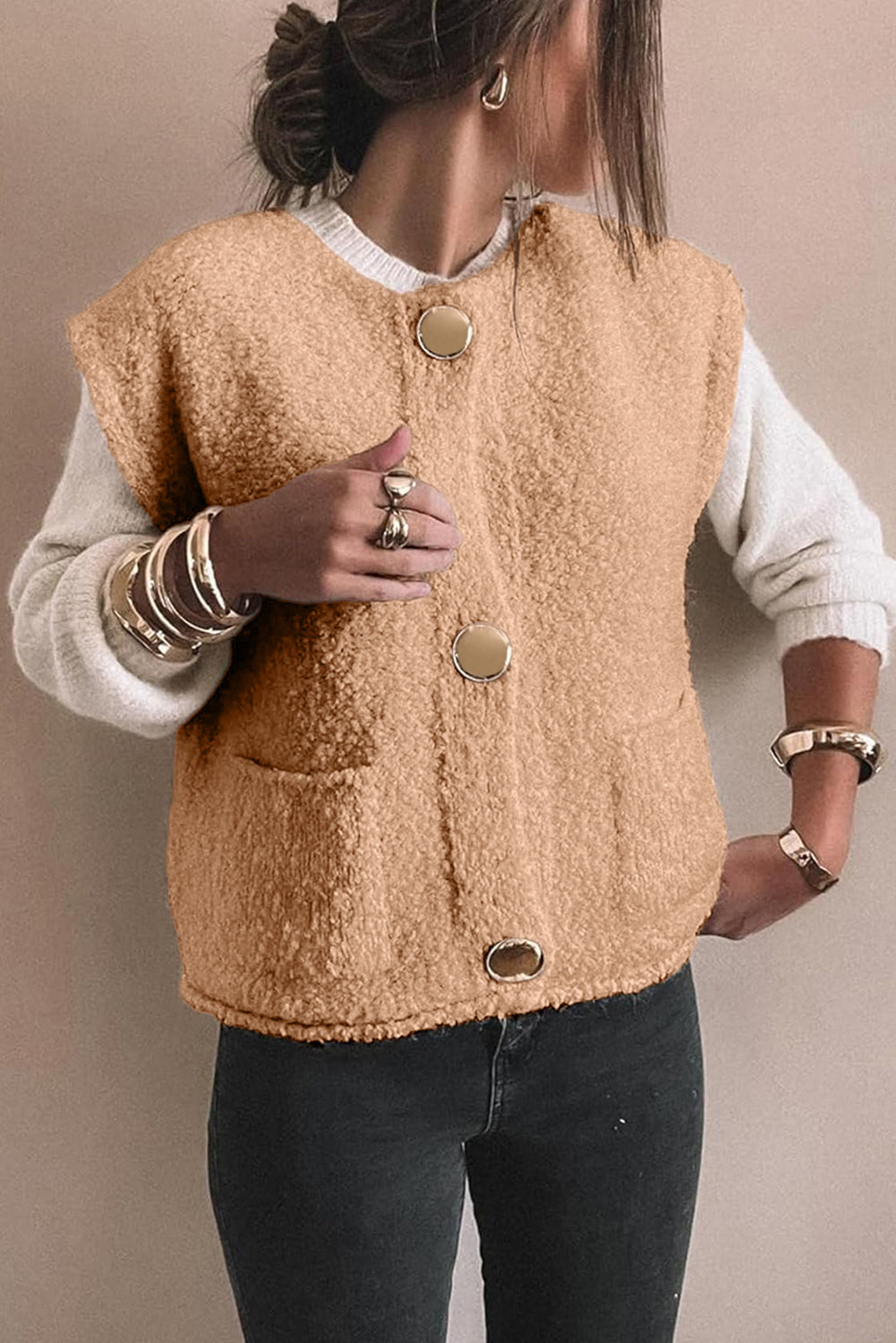 Light French Beige Big Button Accent Fuzzy Pocket Vest-TOPS / DRESSES-[Adult]-[Female]-2022 Online Blue Zone Planet