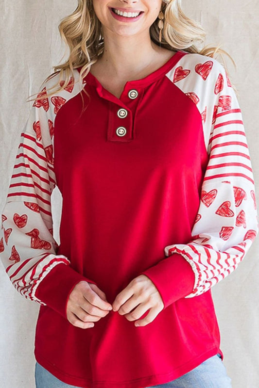 Heart Printed Round Neck Long Sleeve T-Shirt-TOPS / DRESSES-[Adult]-[Female]-Red-S-2022 Online Blue Zone Planet