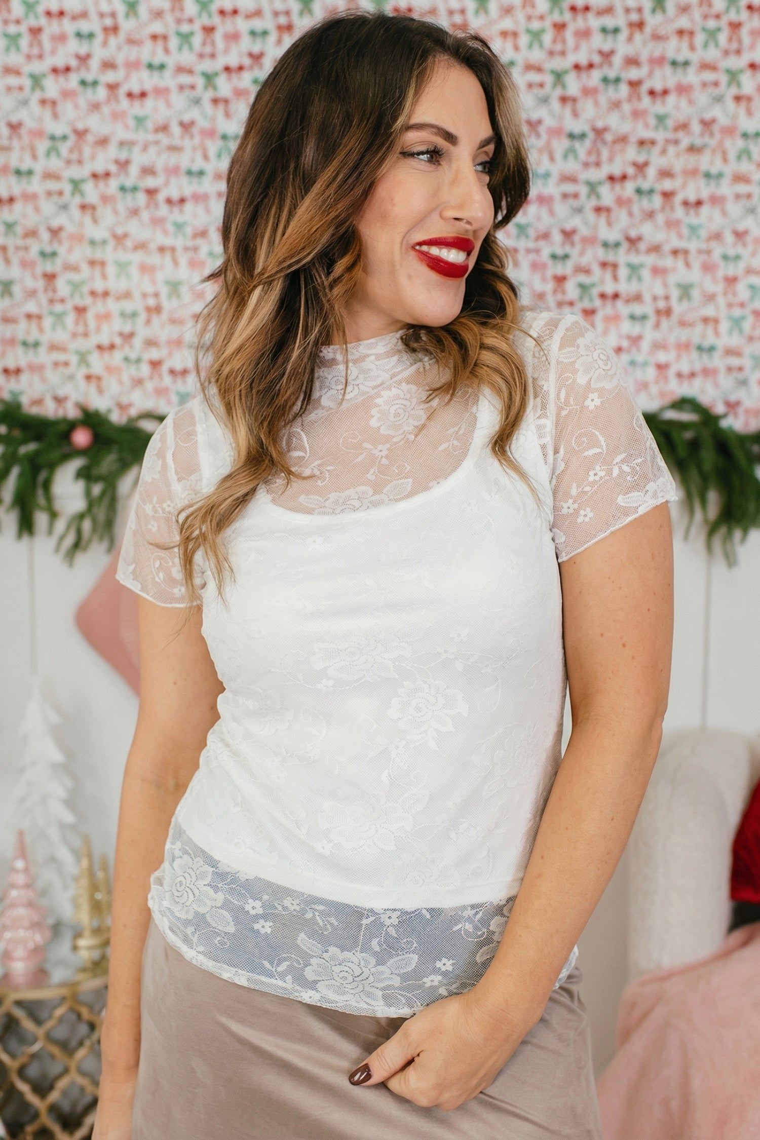 White Sheer Lace Round Neck T Shirt-Tops/Tops & Tees-[Adult]-[Female]-2022 Online Blue Zone Planet