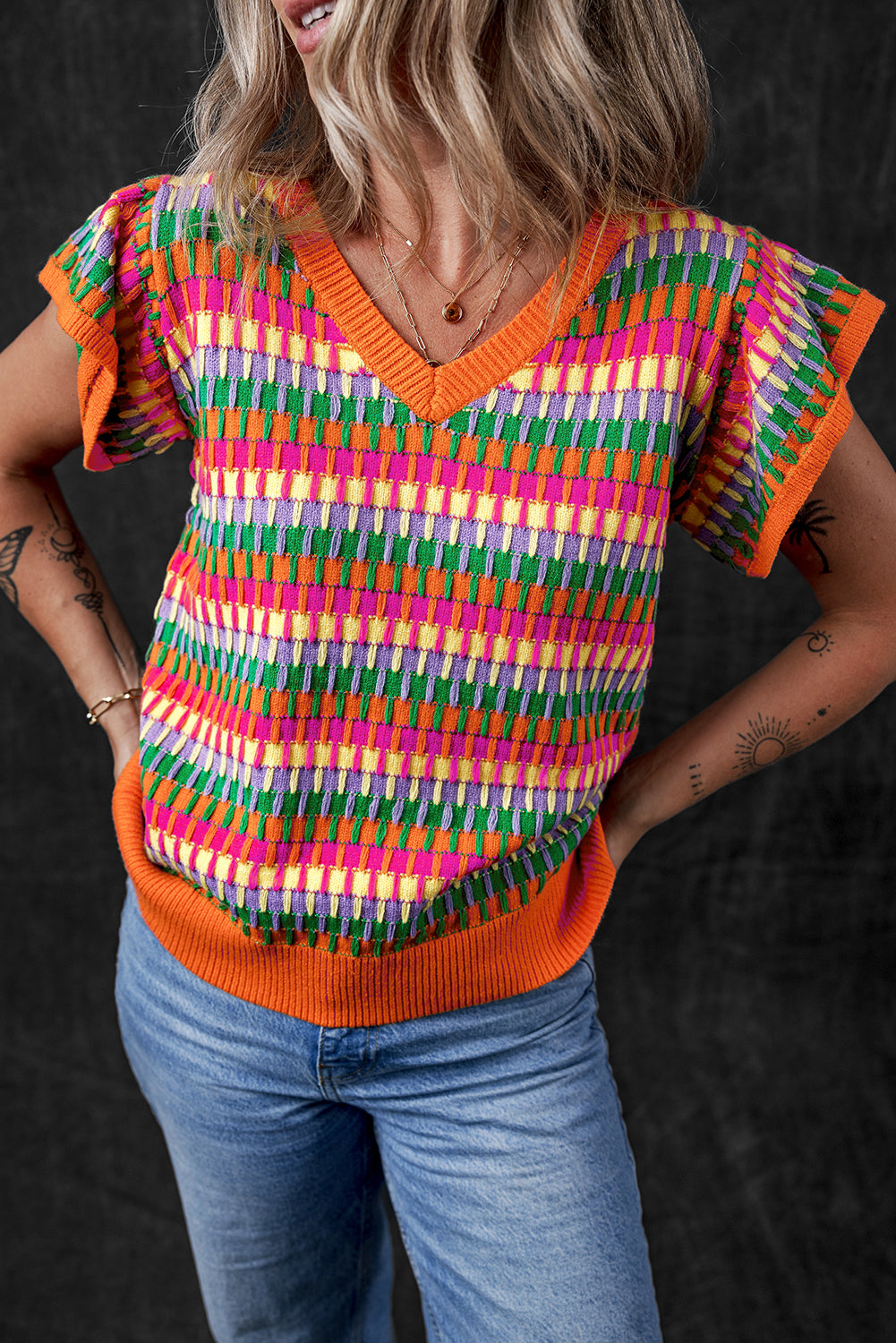 Orange Multi Flutter Sleeve Knitted Sweater Top-Sweaters & Cardigans/Short Sleeve Sweaters-[Adult]-[Female]-2022 Online Blue Zone Planet