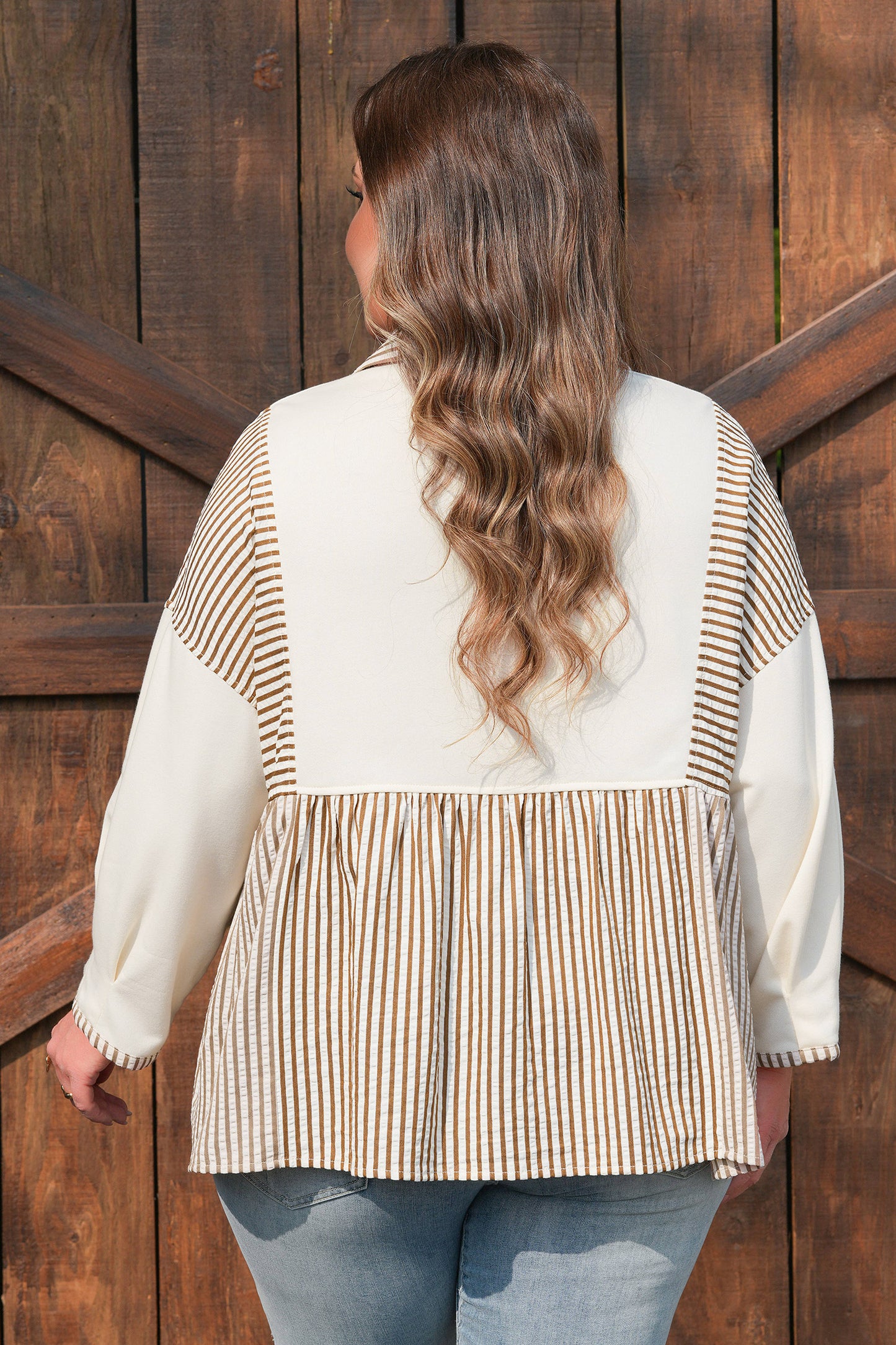 Khaki Stripe Plus Size Color Block Patchwork Half Button Long Sleeve Peplum Blouse-Plus Size/Plus Size Tops/Plus Size Blouses & Shirts-[Adult]-[Female]-2022 Online Blue Zone Planet