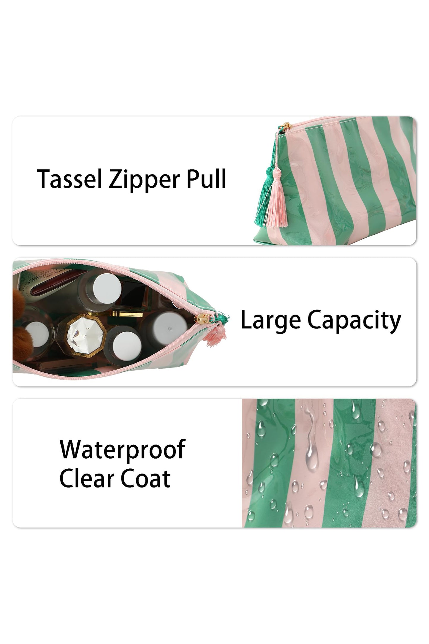 Dark Green Striped Vinyl Waterproof Tassel Zipper Makeup Bag-Shoes & Bags/Makeup Bags-[Adult]-[Female]-2022 Online Blue Zone Planet
