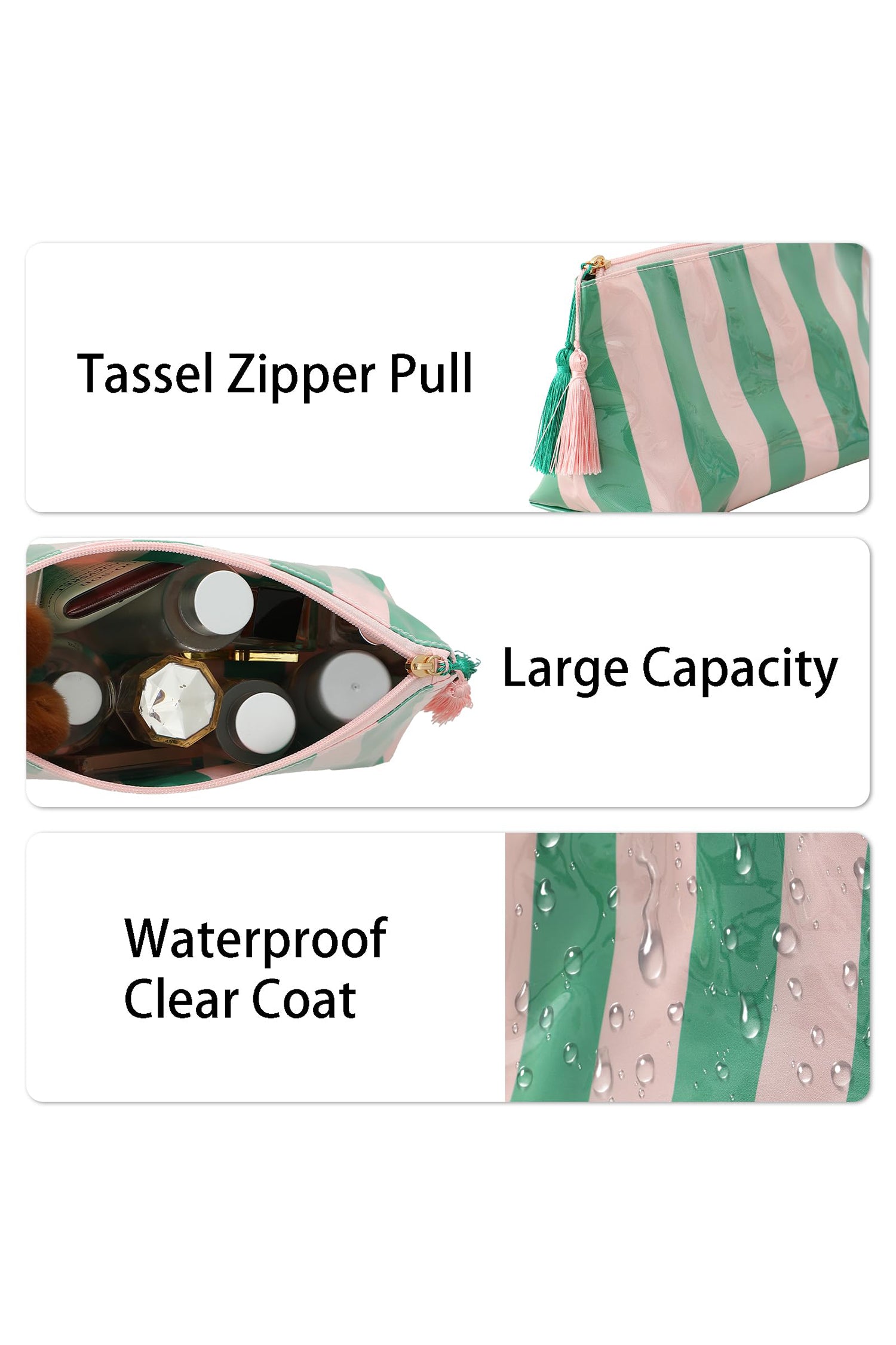 Dark Green Striped Vinyl Waterproof Tassel Zipper Makeup Bag-Shoes & Bags/Makeup Bags-[Adult]-[Female]-2022 Online Blue Zone Planet