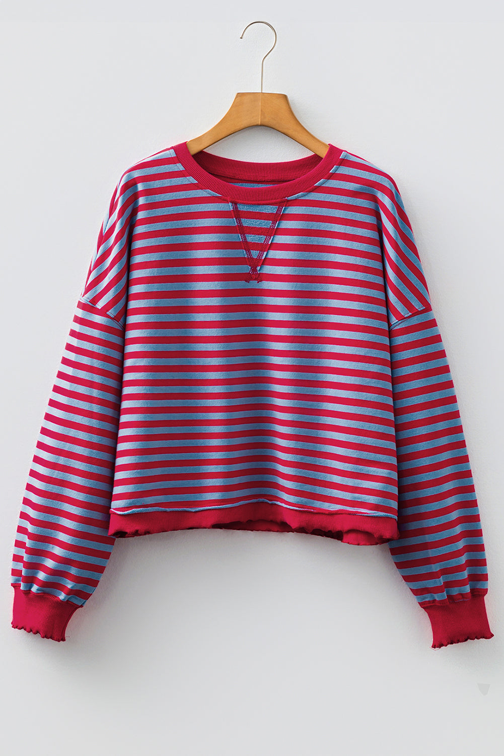 Red Stripe Exposed Seam Contrast Ribbed Trim Oversize Sweatshirt-Tops/Sweatshirts & Hoodies-[Adult]-[Female]-2022 Online Blue Zone Planet