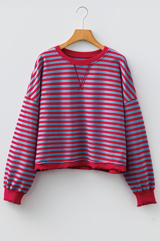 Red Stripe Exposed Seam Contrast Ribbed Trim Oversize Sweatshirt-Tops/Sweatshirts & Hoodies-[Adult]-[Female]-2022 Online Blue Zone Planet