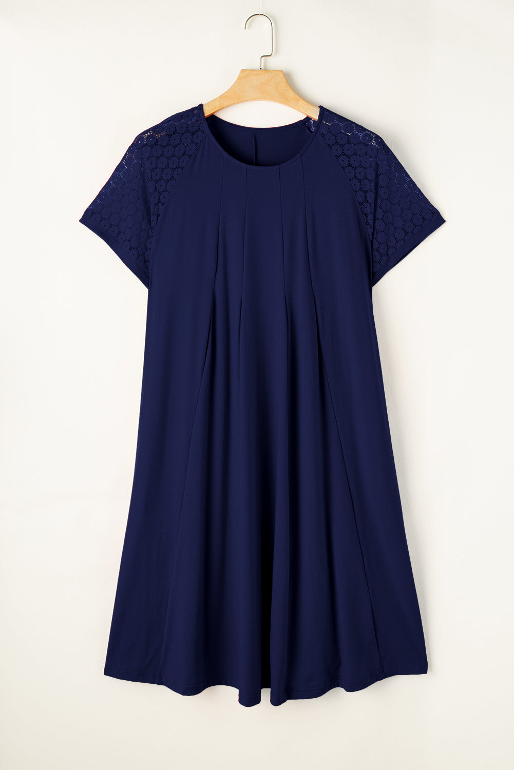 Navy Blue Plus Size Solid Color Lace Short Sleeve Pleated Swing Dress-TOPS / DRESSES-[Adult]-[Female]-2022 Online Blue Zone Planet