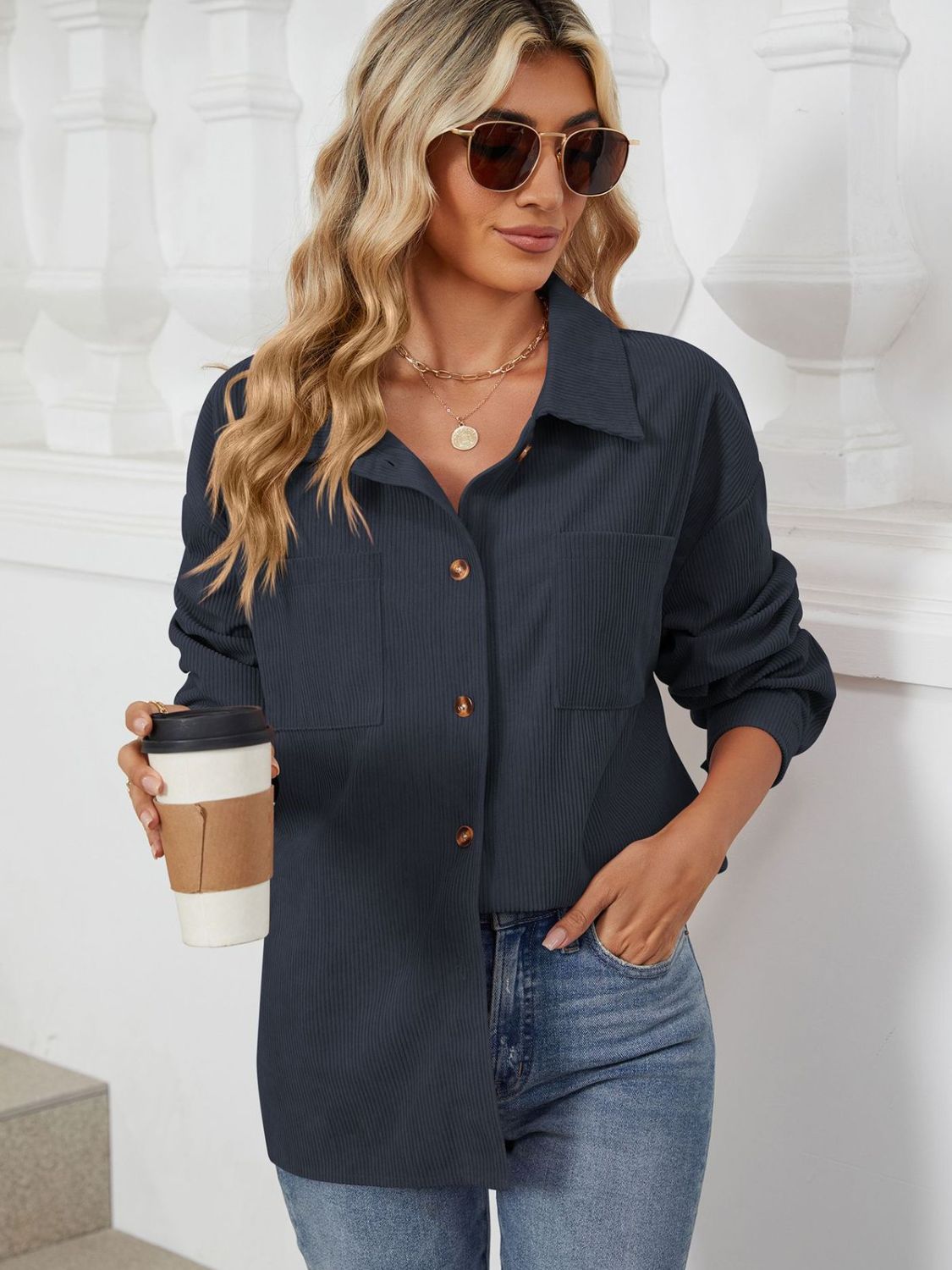 Button Up Dropped Shoulder Long Sleeve Outerwear-TOPS / DRESSES-[Adult]-[Female]-Dark Navy-S-2022 Online Blue Zone Planet