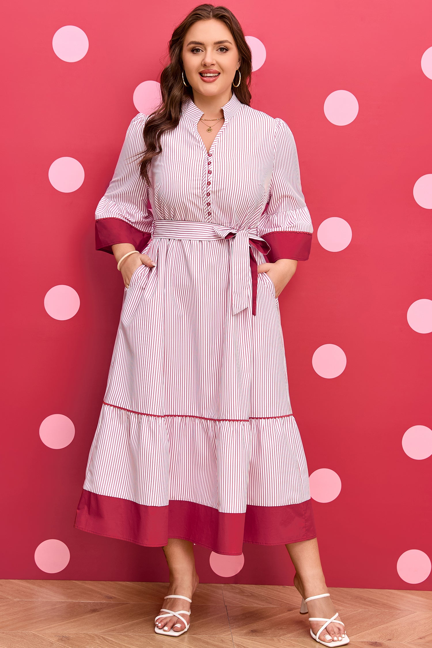 Red Stripe Plus Size Ruffled Hem Pinstriped Midi Dress-TOPS / DRESSES-[Adult]-[Female]-Red Stripe-1X-2022 Online Blue Zone Planet