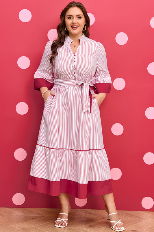 Red Stripe Plus Size Ruffled Hem Pinstriped Midi Dress-TOPS / DRESSES-[Adult]-[Female]-Red Stripe-1X-2022 Online Blue Zone Planet