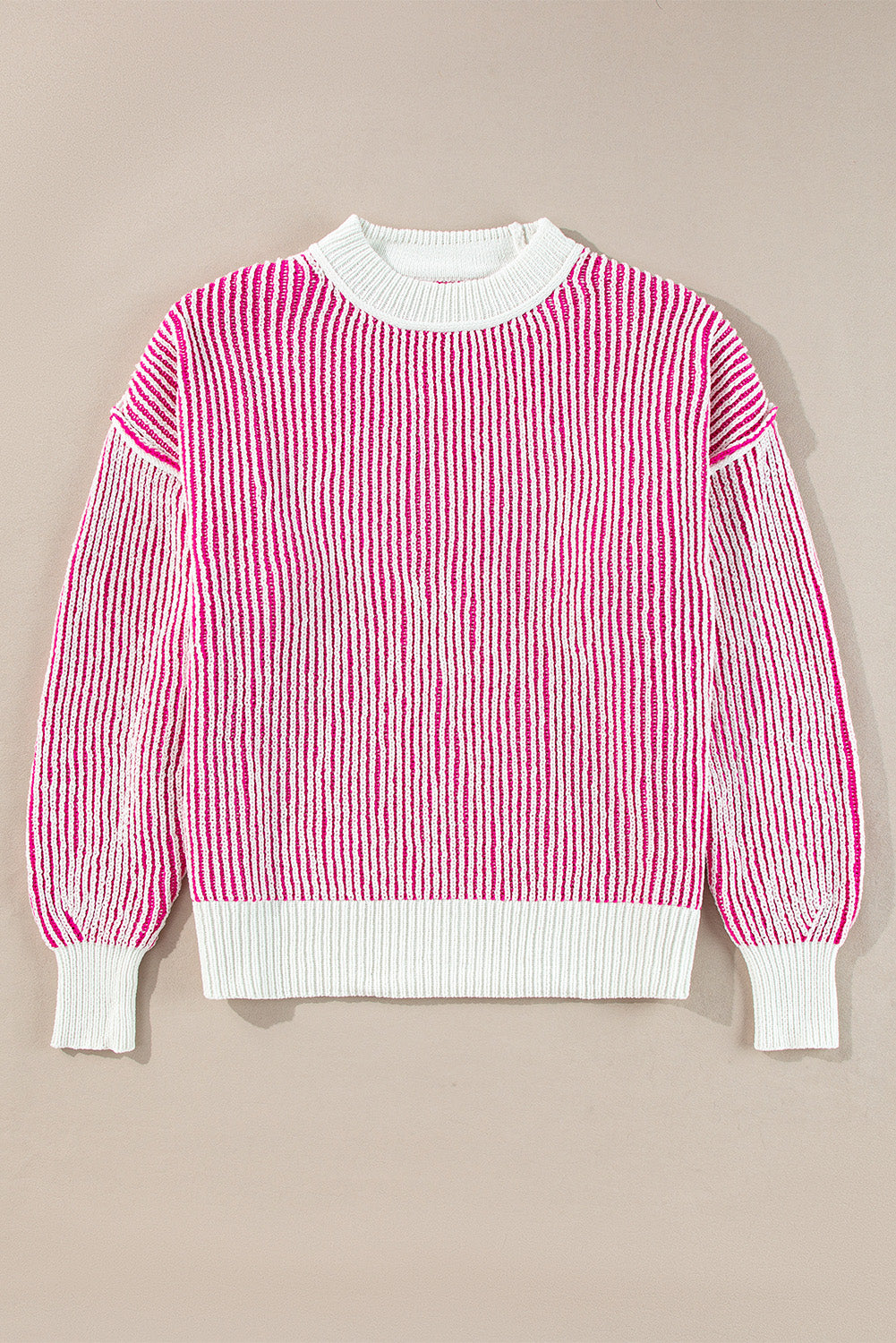 Blue Zone Planet | Bright Pink Striped Textured Knit Contrast Edge Loose Sweater-Sweaters & Cardigans/Sweaters-[Adult]-[Female]-2022 Online Blue Zone Planet